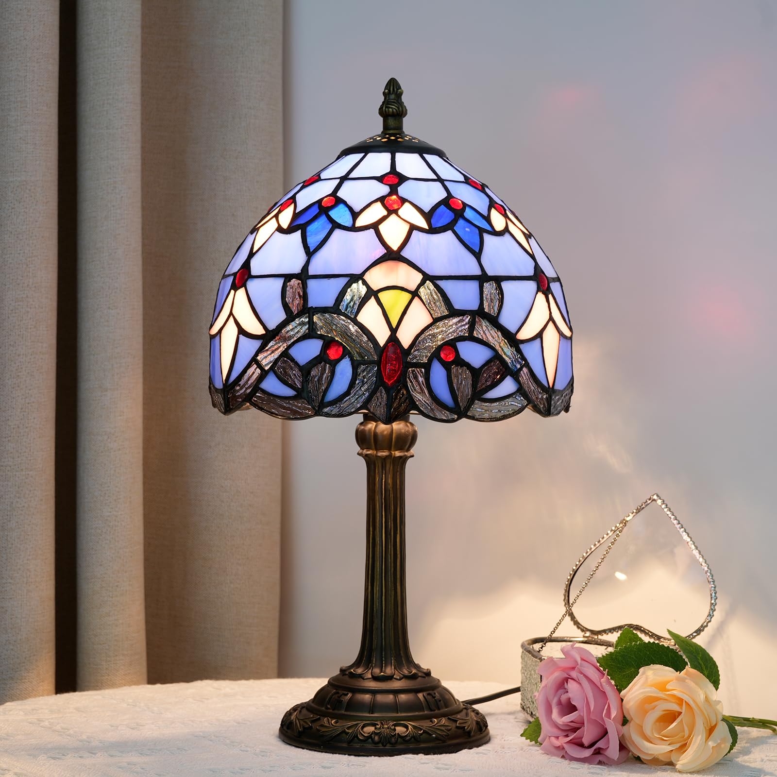Stained Glass Tiffany Bedside Table Lamp Nightstand, Small Desk Lamp for Bedroom Dorm Living Kitchen, Modern Aesthetic Home Decor Gift Blue Baroque