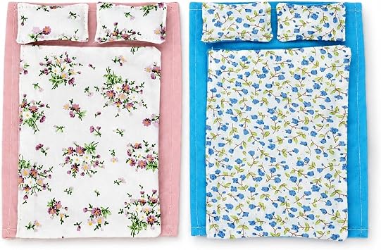 LOGOFUN 2PCS Dollhouse Bedroom Bedding Sets 112 Scale Decor - Pink & Blue