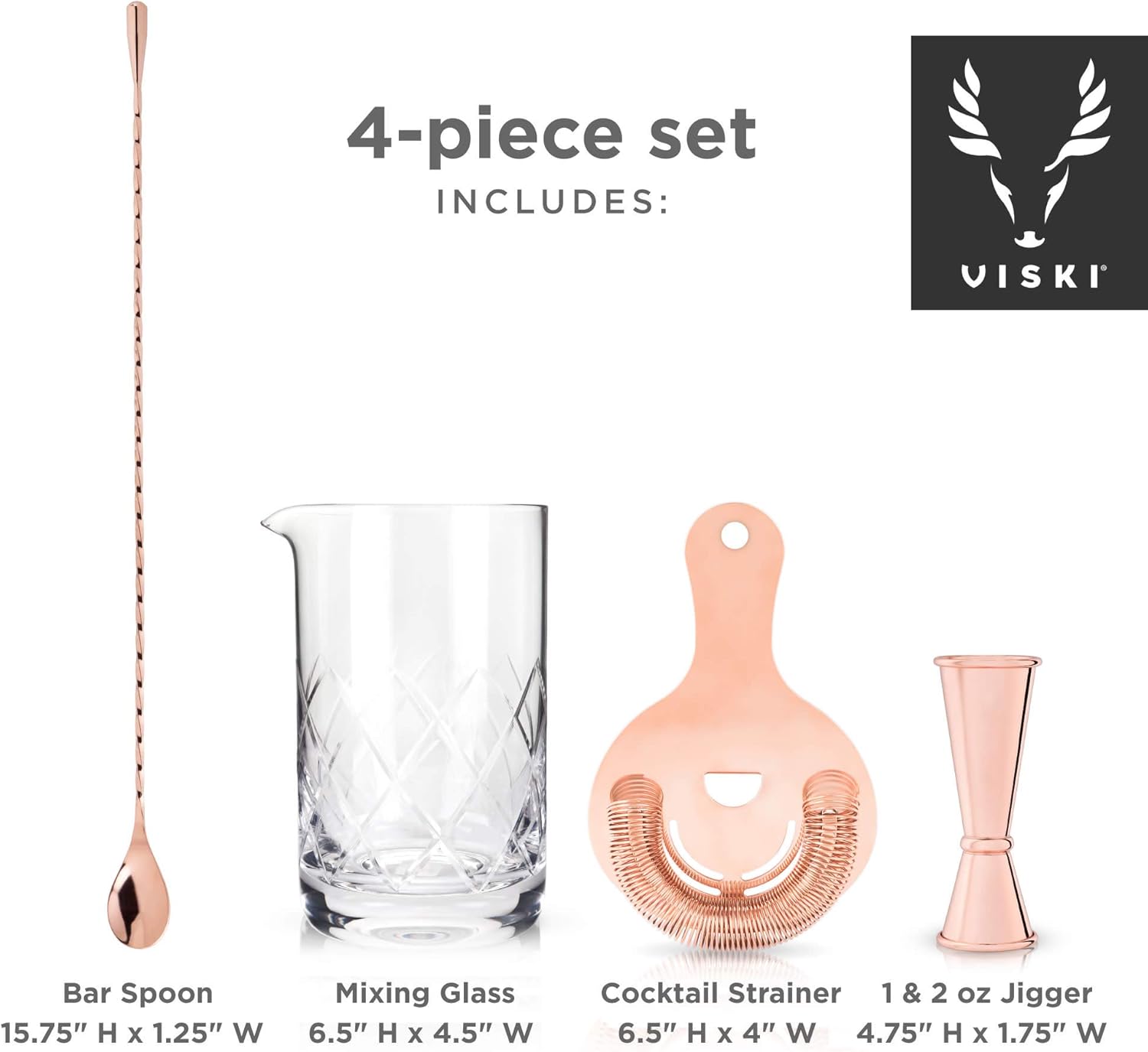 Viski Copper Bartender Kit 4pcs Set | Drink Mixers for Cocktails Gift Essentials: Mixing Glass, Hawthorne Strainer, Japanese-Style Double Jigger and Weighted Barspoon