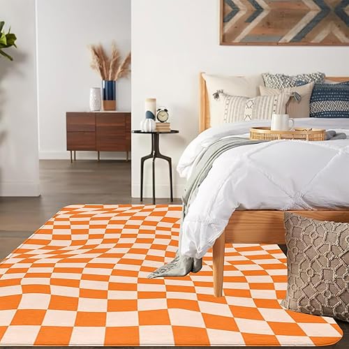 Miniatura 6 de Alfombra de área a cuadros naranjas, alfombra de área lavable de otoño de 5 x 7 pies, alfombra grande para sala de estar, antideslizante, suave,