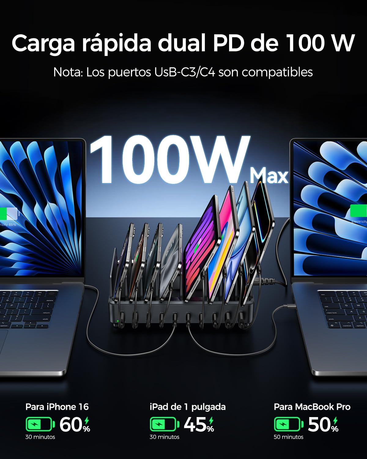Estación de Carga Multi-Dispositivo Rocoren de 400W con USB-C, PD100W GAN 10 Puertos, Cargador de Escritorio para móviles con Carga rápida, Compatible con MacBook Pro/Air, iPh0ne y Galaxy