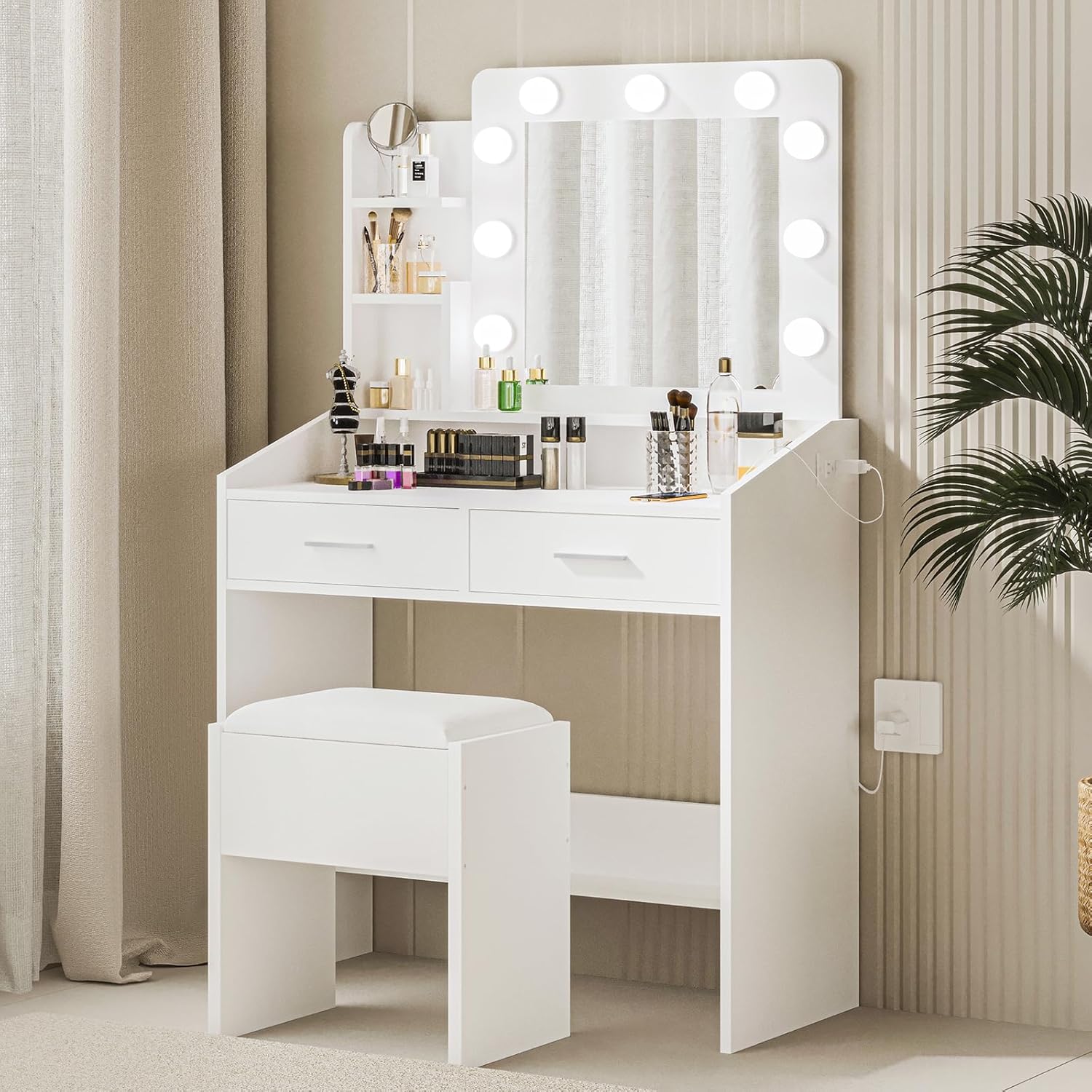 Vanity Desk with Mirror and Lights, Makeup Vanity with Power Outlet, 3 Lighting Modes Adjustable Brightness, Small Vanity Table Set with 2 Drawers and Cushioned Stool, Makeup Table for Bedroom, White