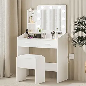 GarveeHome Vanity Desk with Mirror and Lights, Makeup Vanity with Power Outlet & Cushioned Stool, 3 Lighting Modes Adjustable Brightness, Dressing Table with Hairdryer Holder for Bedroom, White