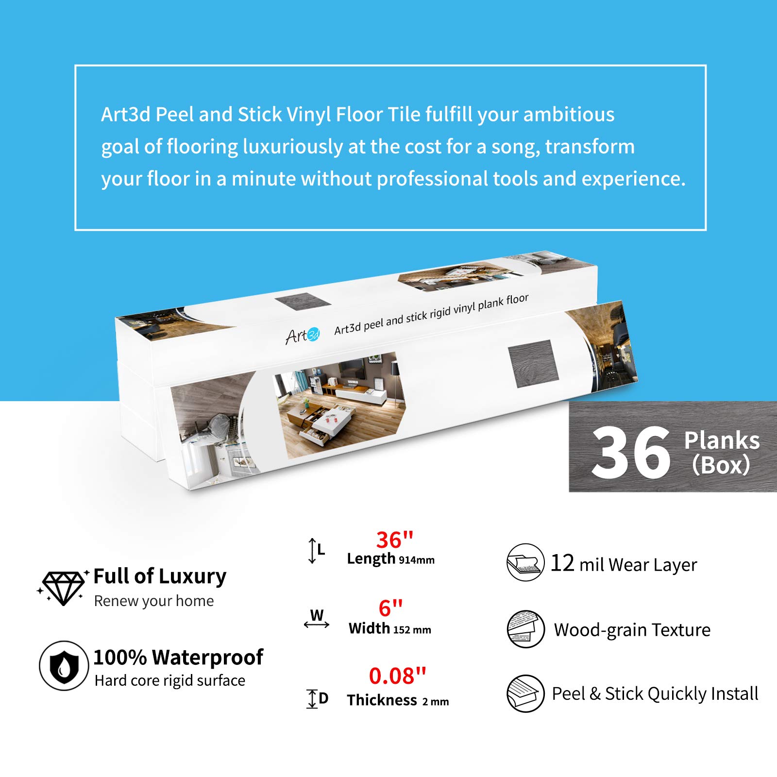 Art3d Peel and Stick Floor Tile Vinyl Wood Plank 36-Pack 54 Sq.Ft, Deep ...