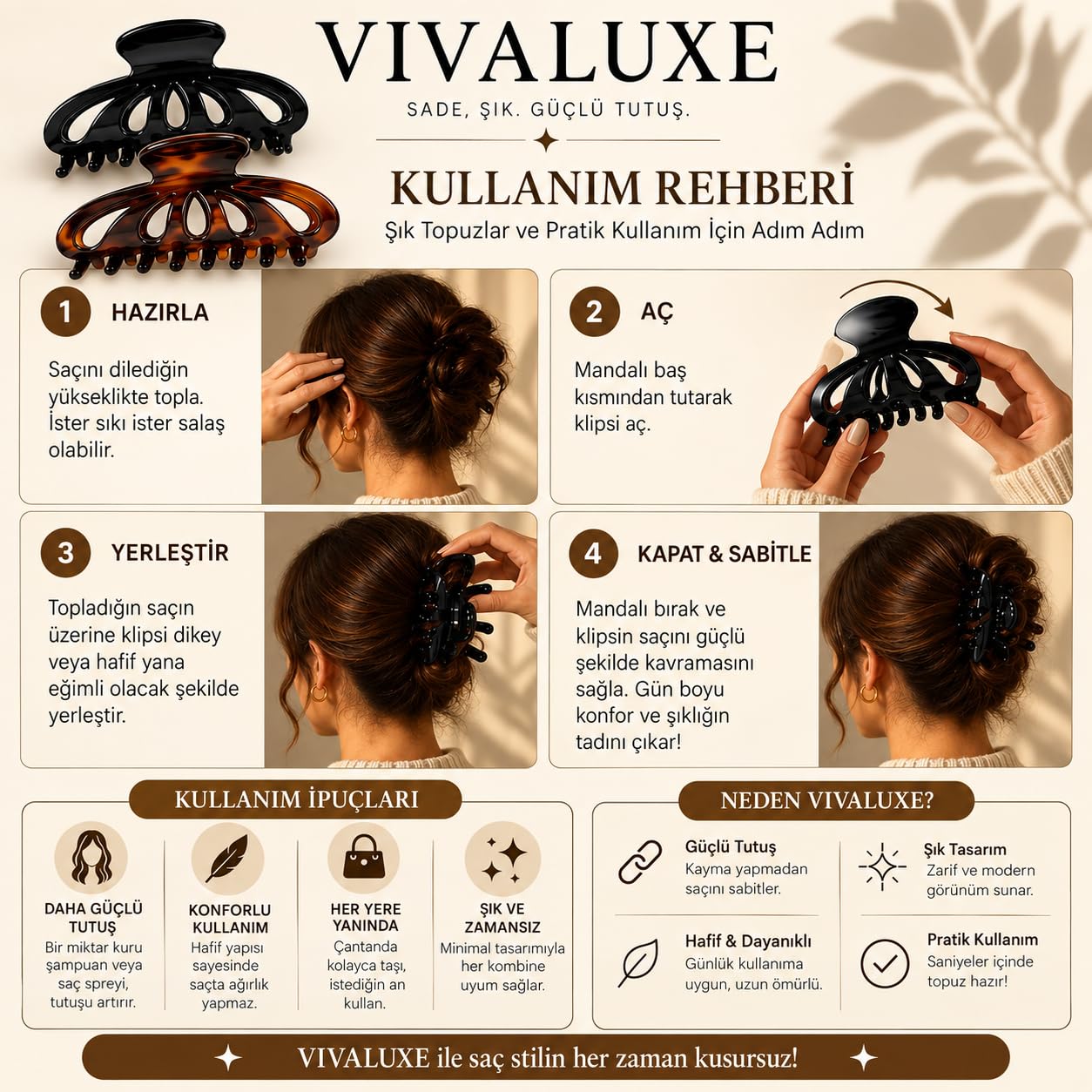 VIVALUXE Büyük Boy Saç Tokası Mandal, Güçlü Tutuş, Kaymaz Tasarım, Şık Parlak Siyah ve Leopar Klips, Günlük ve Topuz Saç Modelleri İçin Dayanıklı, Hafif, Kalın ve Uzun Saçlara Uygun Aksesuar