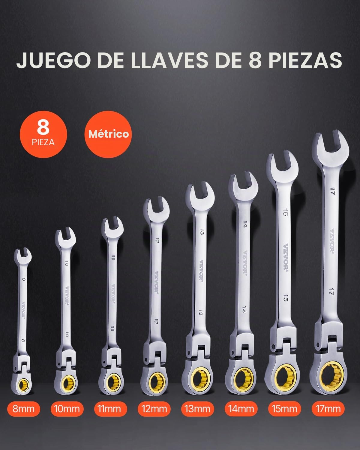 VEVOR 8 PCS Juego de Llaves de Trinquete de Cabeza Flexible, Juego de Llaves Combinadas con Bolsa Enrollable Juego de Llaves Mediano Métricas de 8-17 mm para Uso Doméstico, Reparaciones de Automóviles