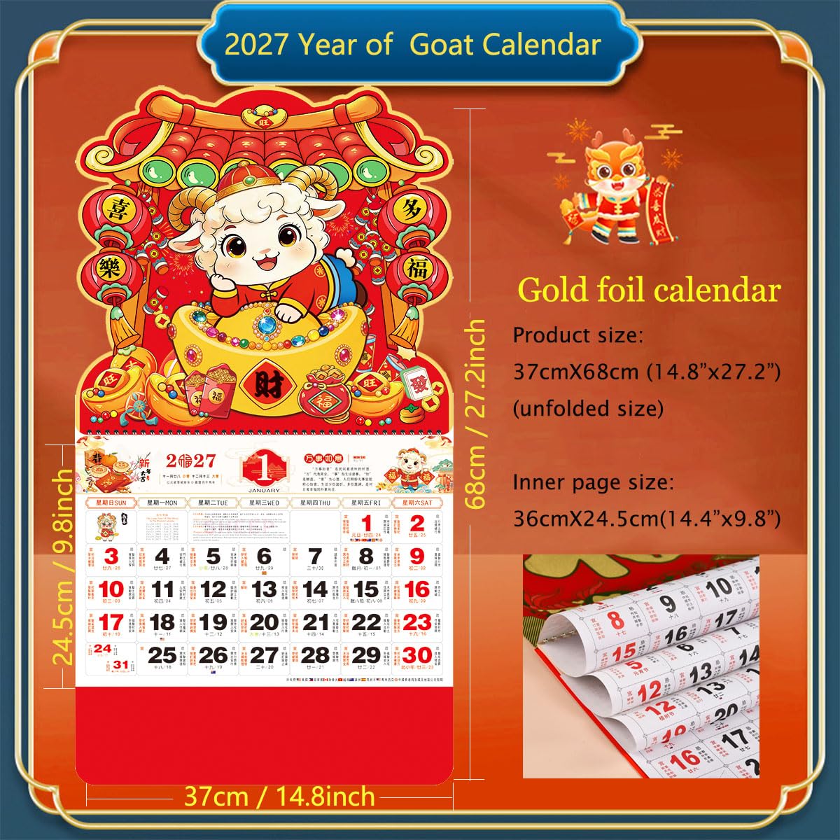2025 Chinesischer Mondkalender Jahr der Schlange Wandkalender, Monatskalender, chinesische Neujahrsdekoration für Haus, Restaurant, Büro, Schule (6301)
