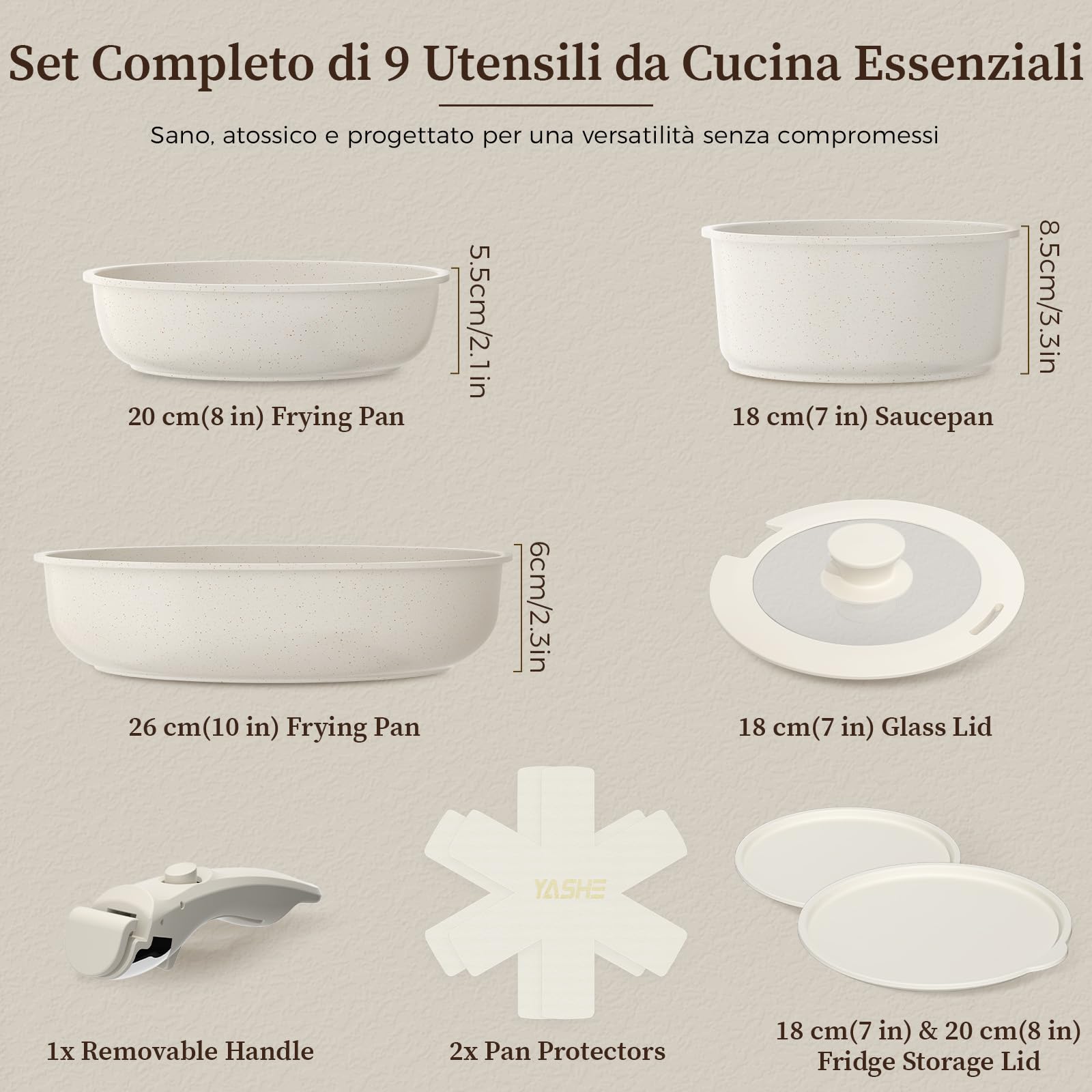 YASHE Pentole induzione 9 pezzi, atossiche, senza PTFE e PFAS | Tegame con Coperchio, Set Pentole e Padelle Antiaderenti in Granito Bianco, Induzione, Salvaspazio Impilabile