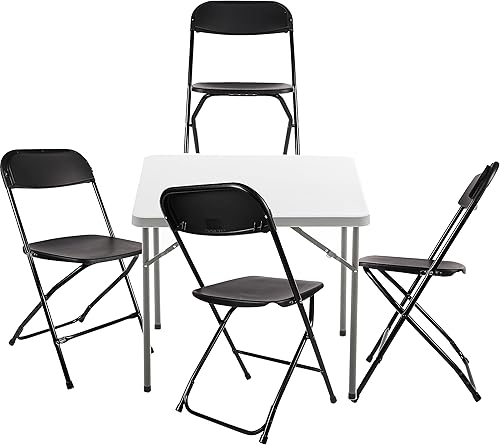 BTEXPERT Juego de mesa plegable de 5 piezas, portátil y silla, mesa cuadrada de plástico de granito blanco de 34 pulgadas, 4 sillas negras para