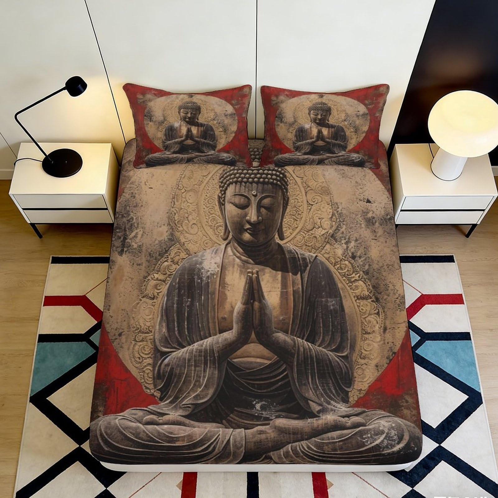 Zfldkwgb Style-6 3D Printed Buddha Meditation Fitted Sheet Microfiber Soft Breathable Zen Statue Bed Cover For Bedroom Dorm Decor 90X200x25cm