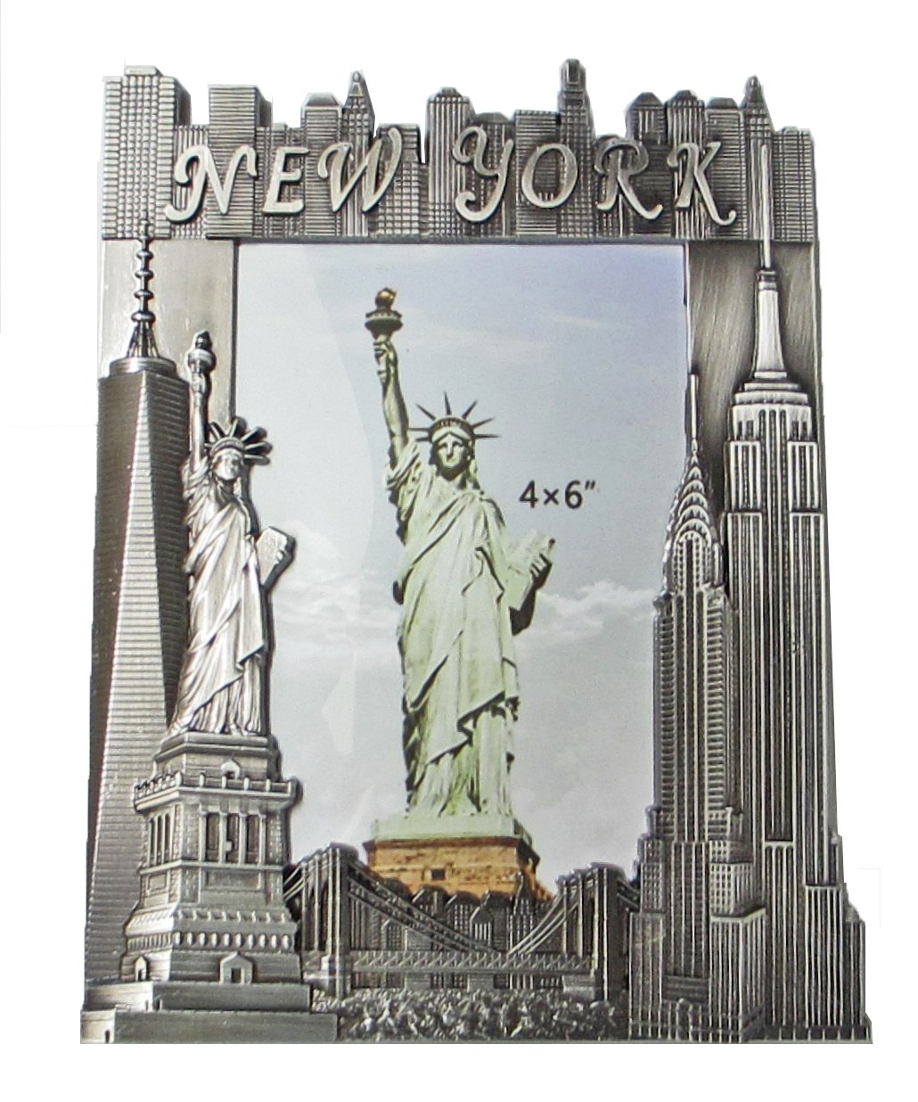 New York Souvenir Metal Pewter Picture Frame with Statue of Liberty Empire State Building Freedom Tower NYC Skyline Fits 4x6 Photo