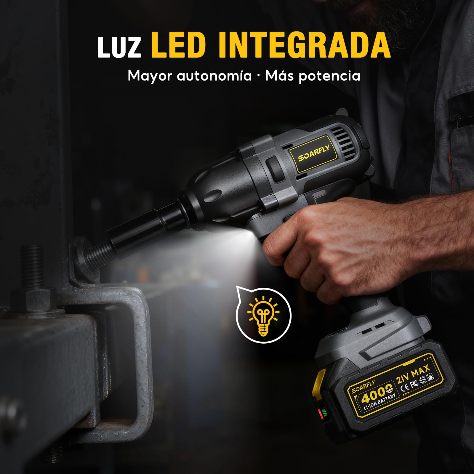 SoarFly Llave de impacto a bateria, 1000 Nm, 21 V, 2 baterías 4.0Ah | Motor sin escobillas, 3 velocidades, parada automática, luz LED, maletín rígido