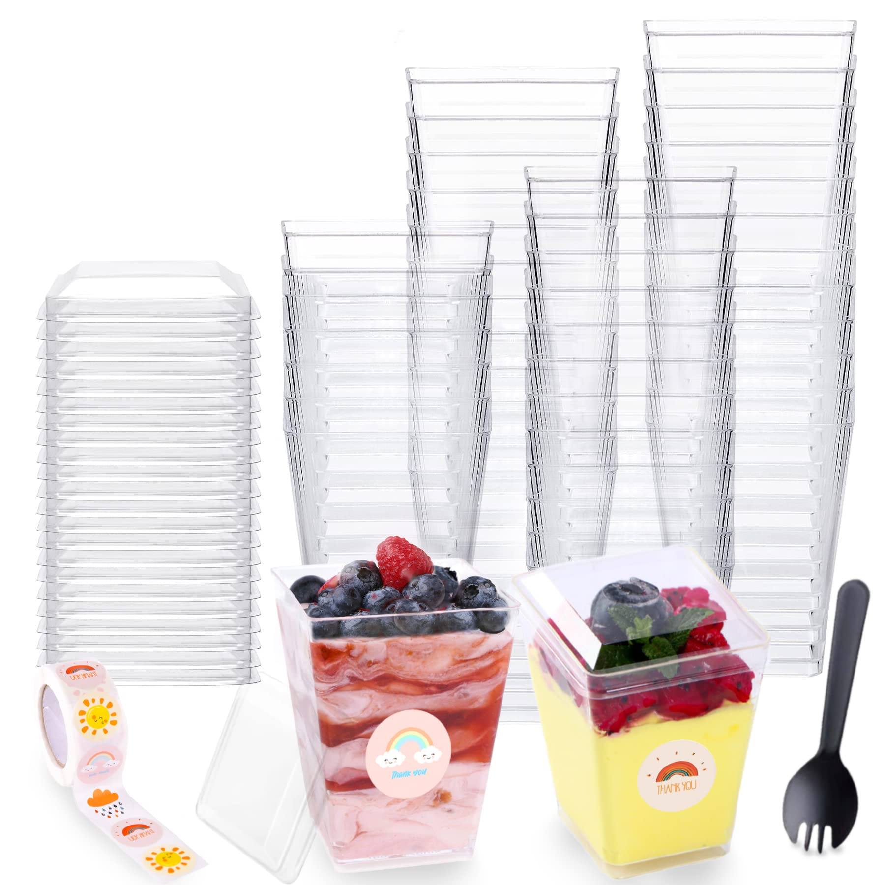 Biicais 50 Pack 5oz Dessert Cups with Lids, Sporks and Stickers, BIICAIS Square Clear Plastic Parfait Tasting, Dessert Shot Glasses for Party Appetizer Fruit Trifles Mousse Pudding 151 Piece Set