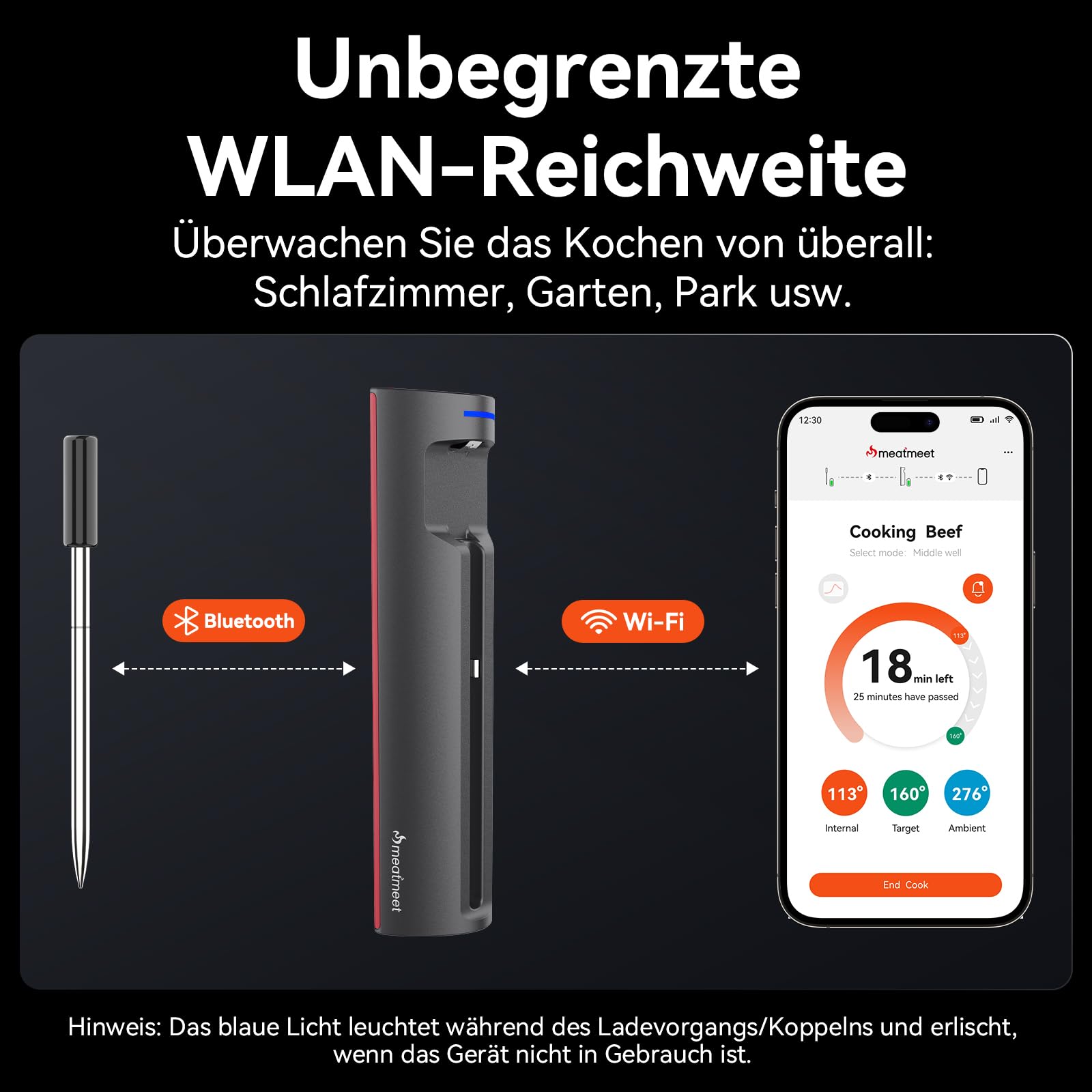 Pro Fleischthermometer Kabellos mit WLAN und Bluetooth, App-Überwachung mit Timer und Alarm, IP67 wasserdicht und ölbeständig, kabelloses Fleischthermometer für BBQ, Backofen, Grill, Küche