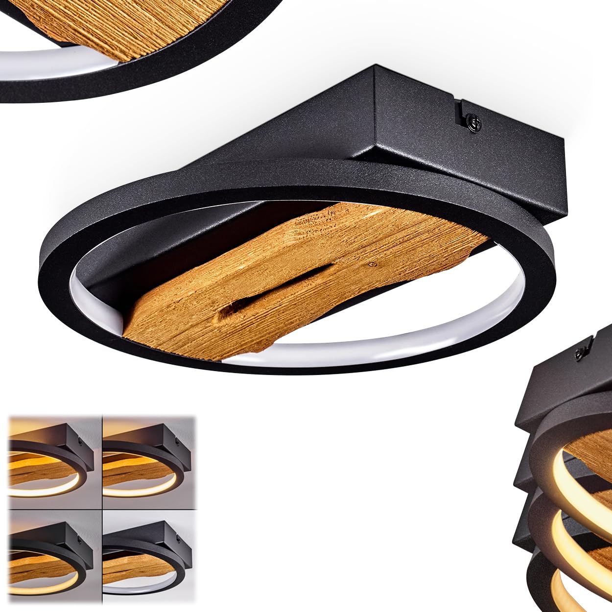 Cornol LED Ceiling Light, dimmable Ceiling lamp Made of Metal/Wood/Plastic in Black/Nature/White, Modern Design luminaire, Length 22 cm, 12 watts, 1700 lumens, 3000 Kelvin, dimmable via Light Switch