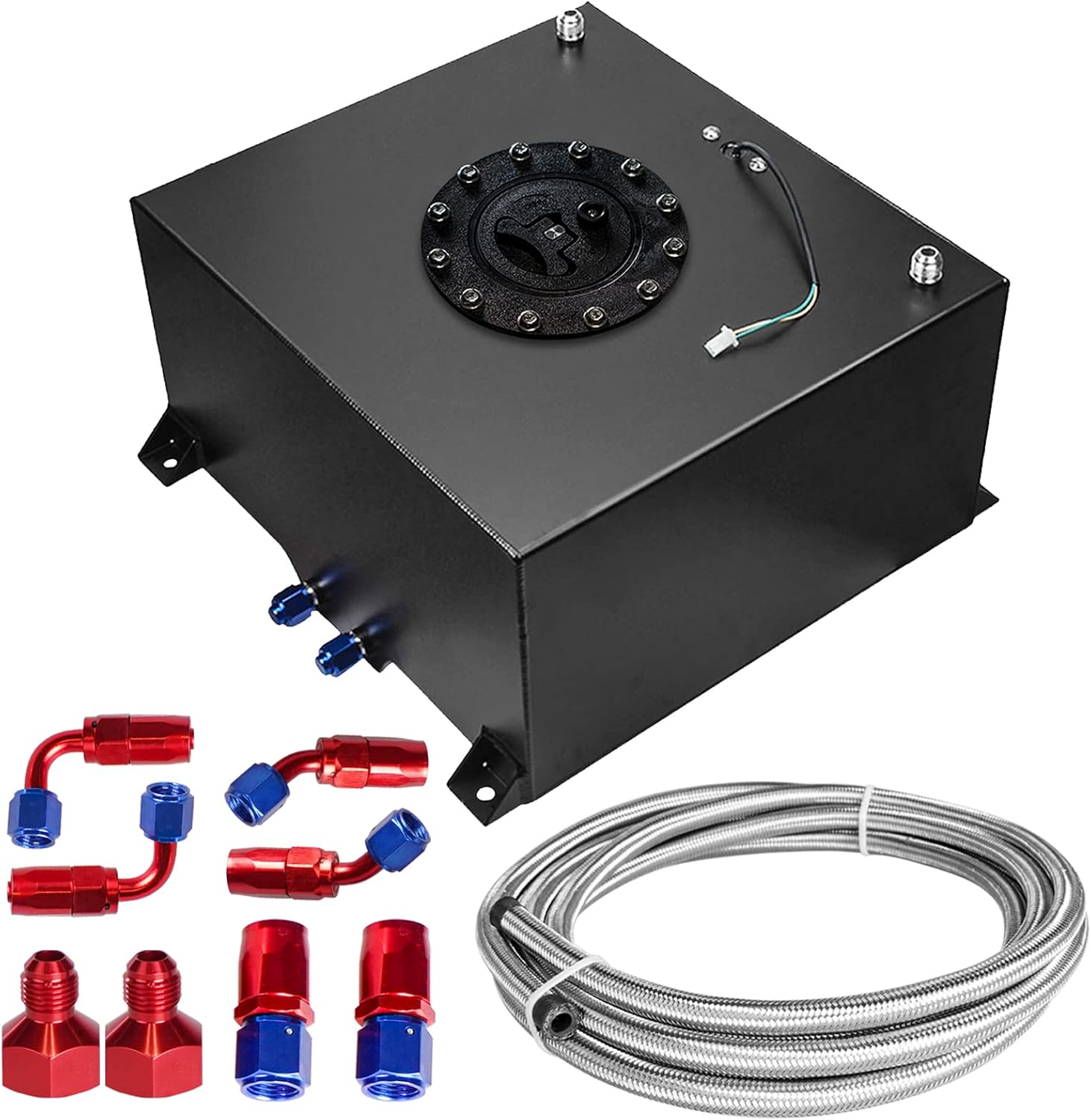 Universal 10 Gallon 40L Fuel Cell Polished Aluminum Fuel Tank with Cap/Level Sender/12FT Oil Feed Line Black