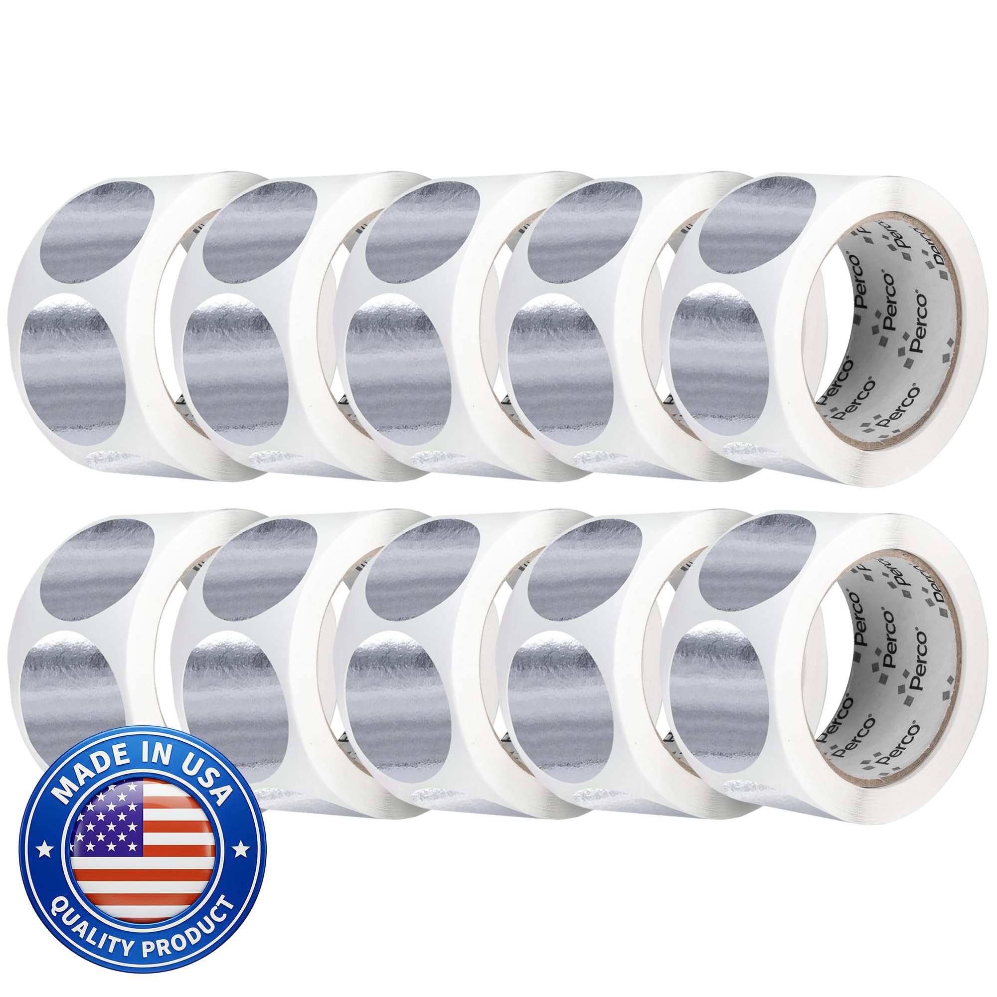 Perco Metallic Silver Perforated Round Circle Dot Sticker 2-Inch Labels — 10 Rolls, 5,000 Stickers - Asset Tags, Tech Labels &amp; Modern Product Identification - Made in USA