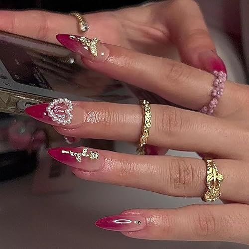 Uñas postizas a presiĂłn para el dĂa de San ValentĂn, uñas postizas medianas de almendra, color rojo degradado, uñas postizas a presiĂłn con corazĂłn Uñas postizas a presiĂłn para el dĂa de San ValentĂn, uñas postizas medianas de almendra, color rojo degradado, uñas postizas a presiĂłn con corazĂłn