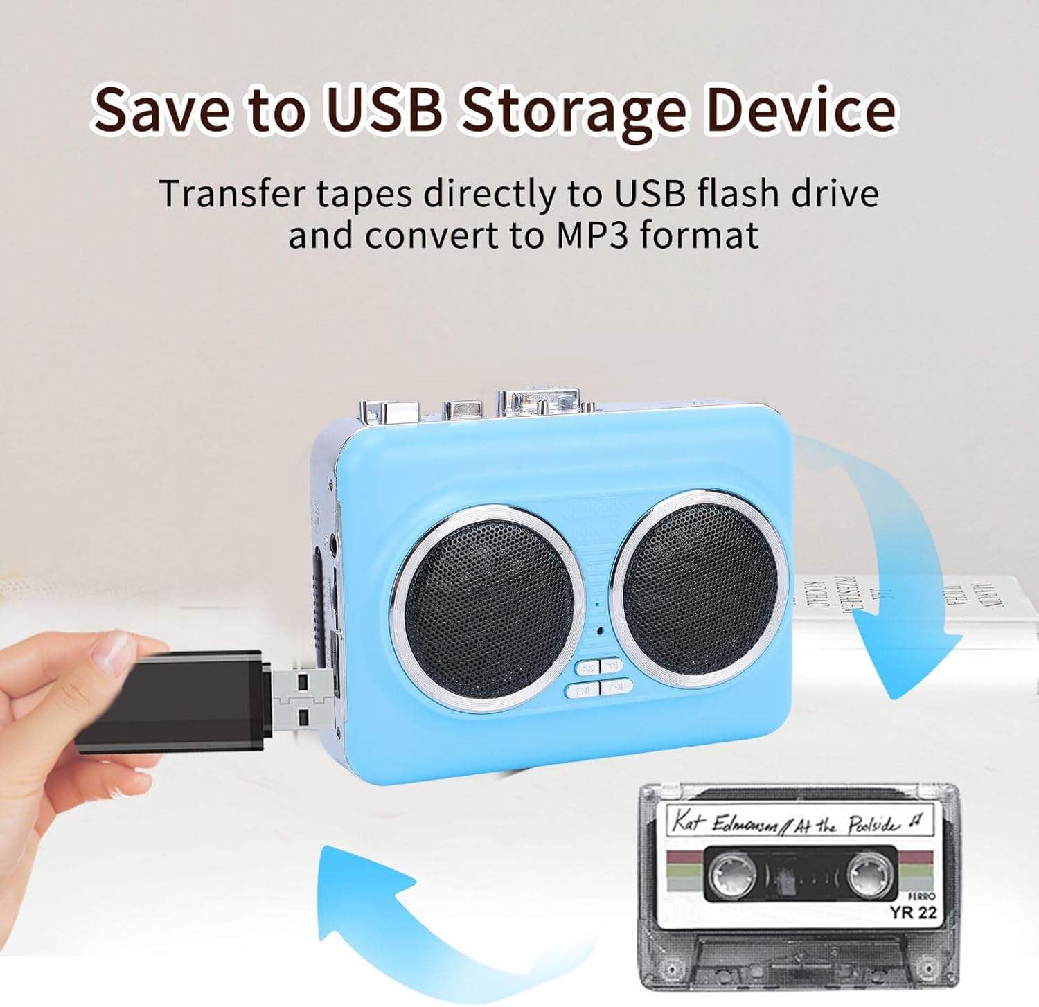 SUNGOOYUE Cassette Player, Built in Speaker 3.5mm AUX Output USB Converter to MP3 Digital for Tape Conversion and Music Playback (Blue)