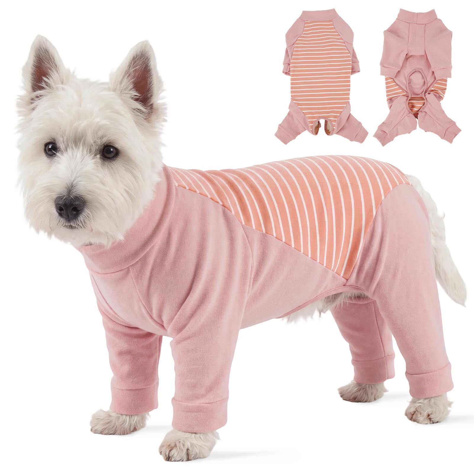 Dog Pyjamas Fleece Onesie, Warm Dog Pajamas Jumpsuit, Soft Stretch Dog Sleepwear, Full Body Anti-Licking Suit, Winter Clothes for Small Medium Dogs, Pink Stripe L