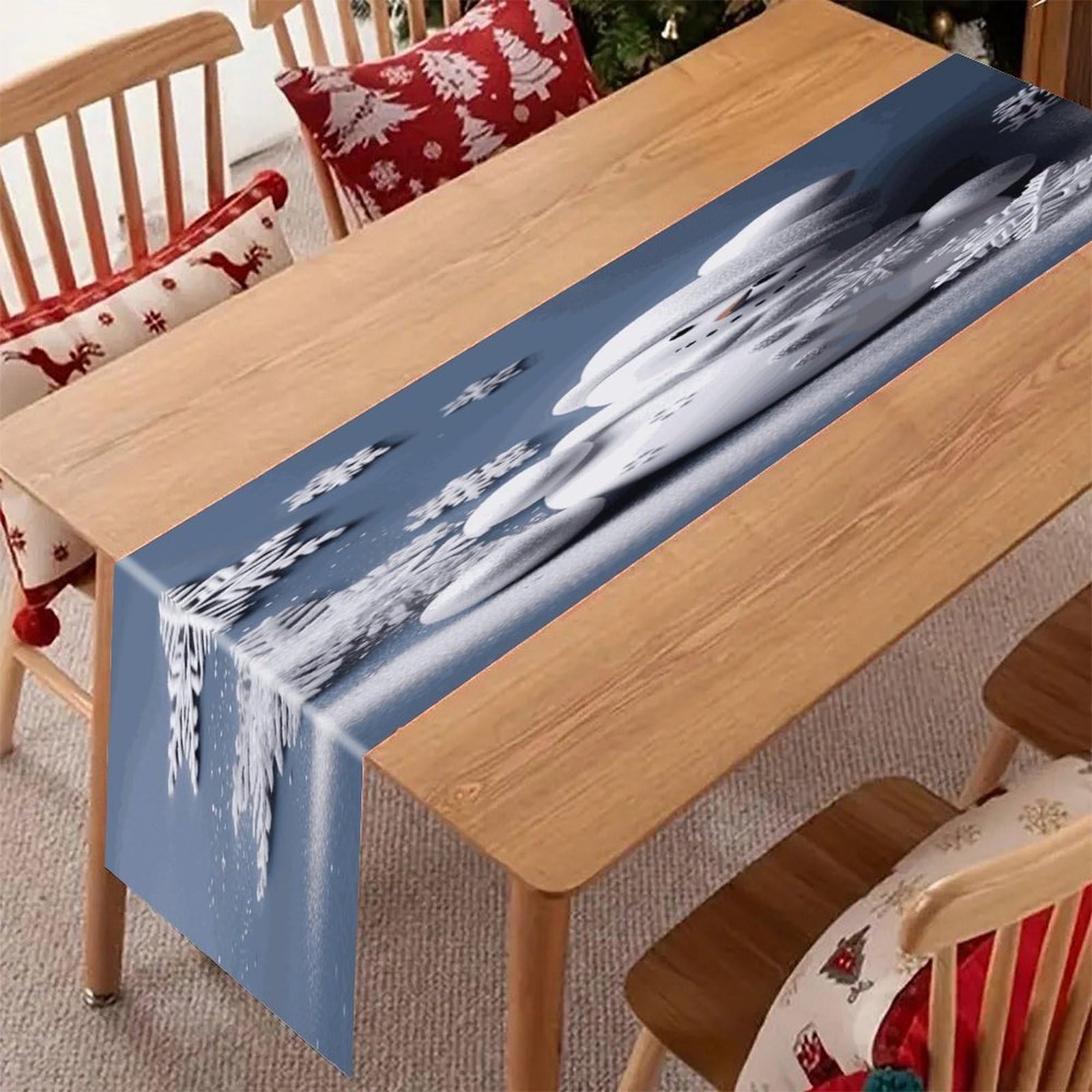 Adfgyerh Style Snowman Stars And Snowflakes Table Runner，Pure Linen Chambray ,Boho Table Runner，Heavy Duty Washable Fabric Decorations ，For Party Kitchen Dining Table Coffee Holiday Party Decor (12X70.87 Inches)