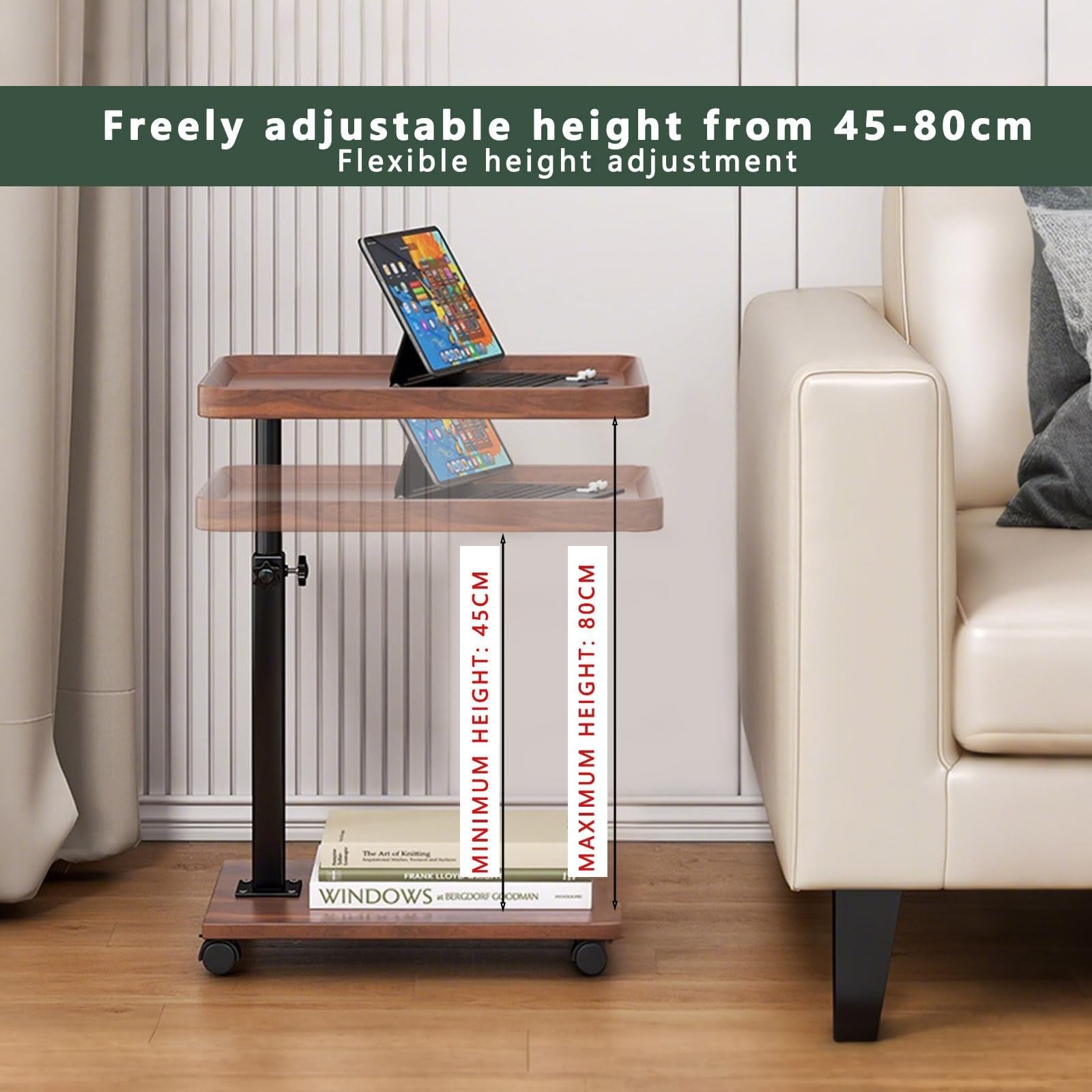 Tavolino Laterale Regolabile con Ruote – Altezza 45–80 cm, Design Rotante a 360°, Piano in MDF con Effetto Legno Noce, Struttura in Metallo Resistente, Tavolino Compatto per Divano, Letto, Sog