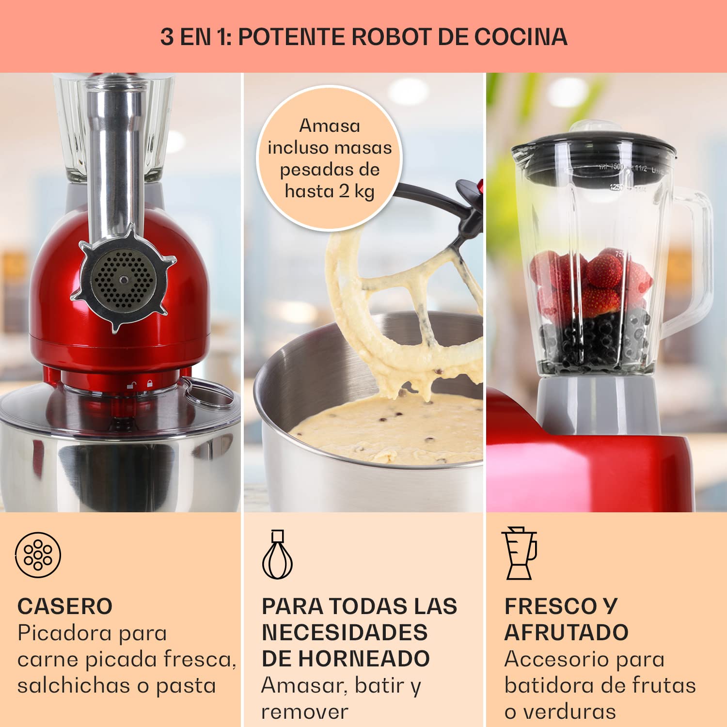 Klarstein Batidora Amasadora con Bol 5L para Hornear, Robot Cocina, Amasadora Reposteria 2000W, Picadora Carne, Gancho y Bol para Mezclar con Varillas Rotación Planetaria con 6 Velocidades