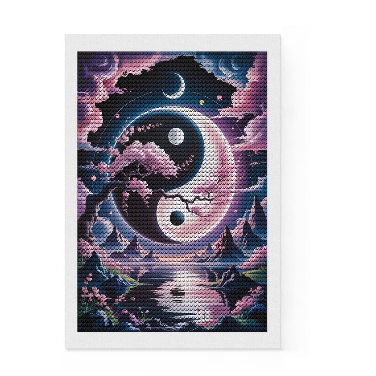 Junmoney Yin Yang Landscape with Cherry Blossoms Diamond Art Canvas 8"x12", for Women, Sparkling Round Gems, Gift Idea, Boho Decor, Satisfying Creative Project