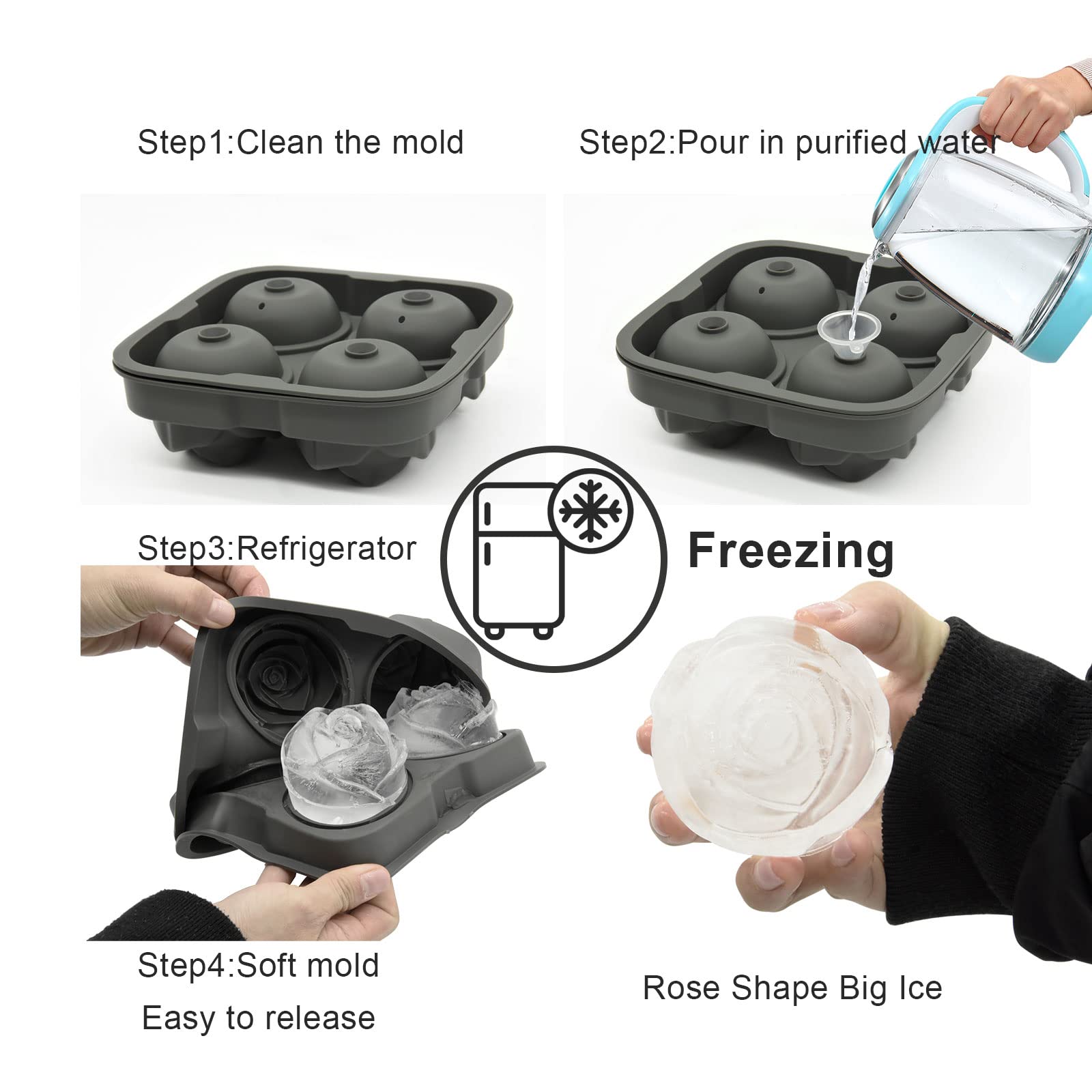 Moldes de silicona 3D de 2.5 pulgadas, moldes de cubitos de hielo de flores grandes, 4 formas divertidas de bandeja de hielo, fácil liberación, para cóctel, brandy, jugo, vino, whisky, 4