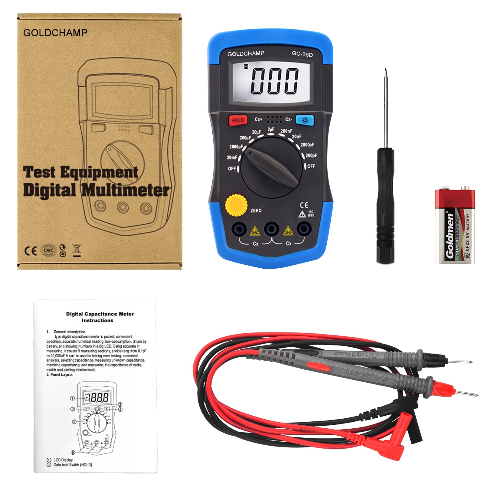 Digitales Kapazitätsmessgerät, Multimeter Werkzeug mit LCD Hintergrundbeleuchtung, Max 1999 Count Display, 0.1pF - 20,000uF Messung, Kondensator Messgerät für Gerätefehlerprüfung, GC-36D, GOLDCHAMP