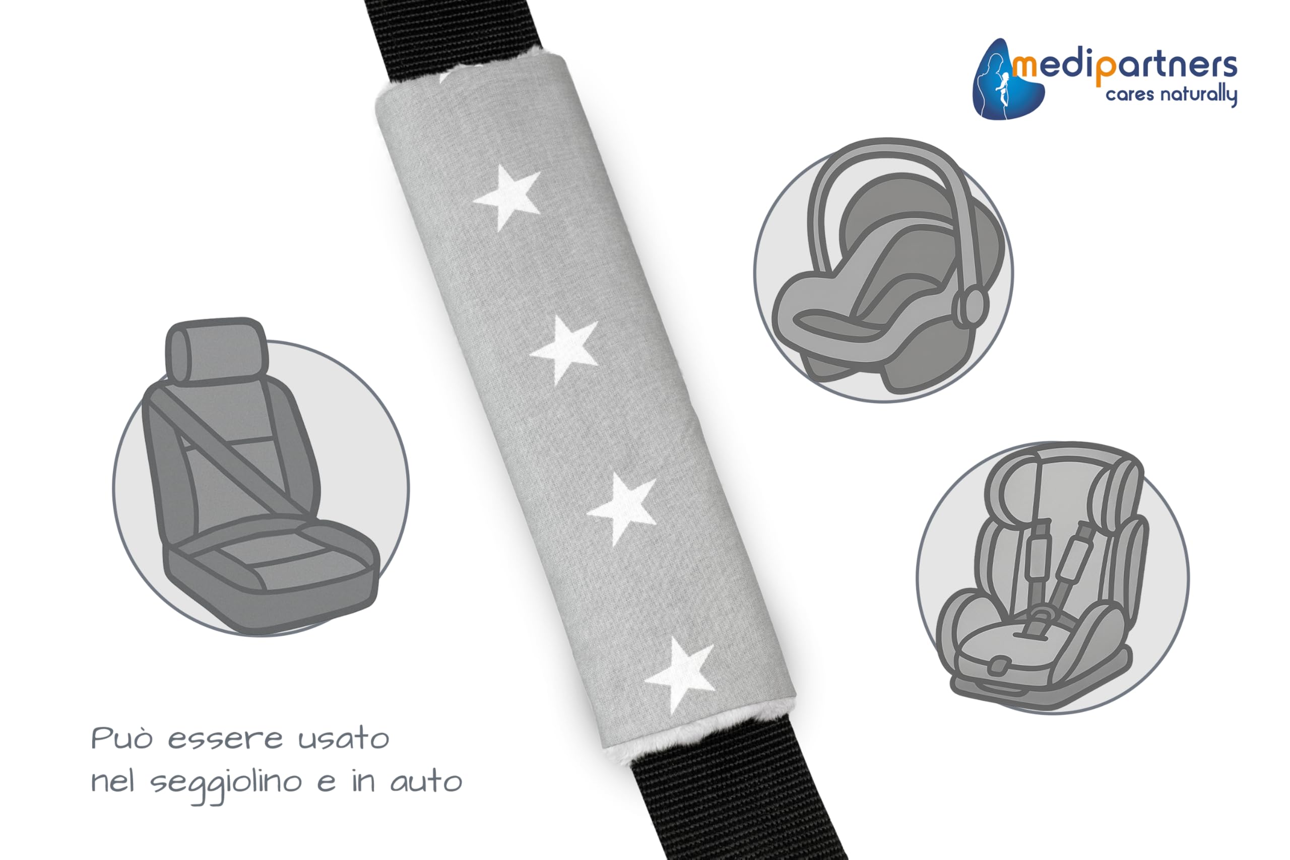Medi Partners Copri Cintura di Sicurezza Auto Copricintura Bambini Car Cuscino 17x22cm 100% Cotone Minky Cinture Kids Copri Seggiolino Protezione (Stelle grigie con Minky) - 4
