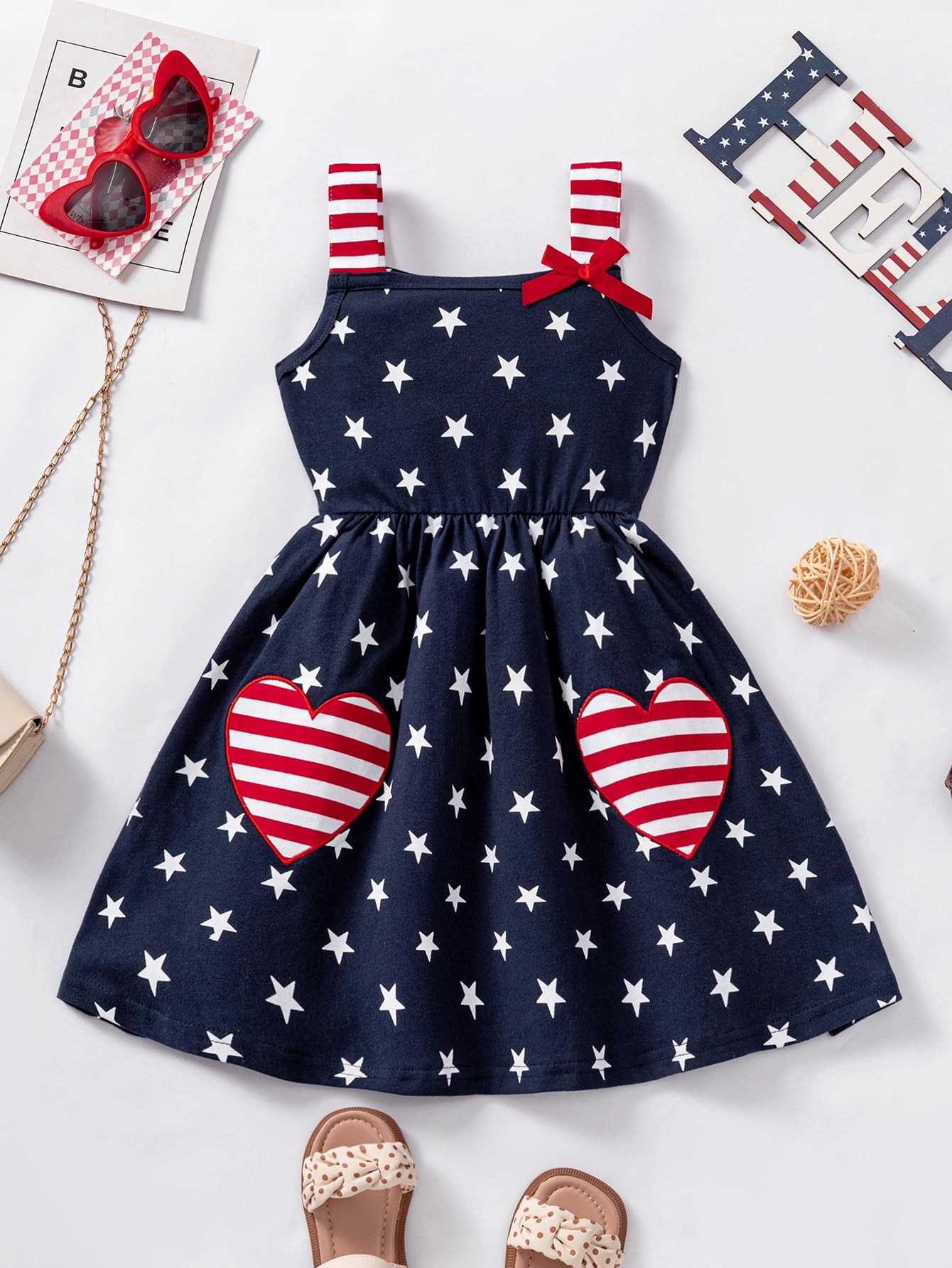 GOTHLETIC Girls American Flag Dress Toddler 4th of July Outfits Ribbon Bow Heart Patriotic Clothes (1997-2-3t)