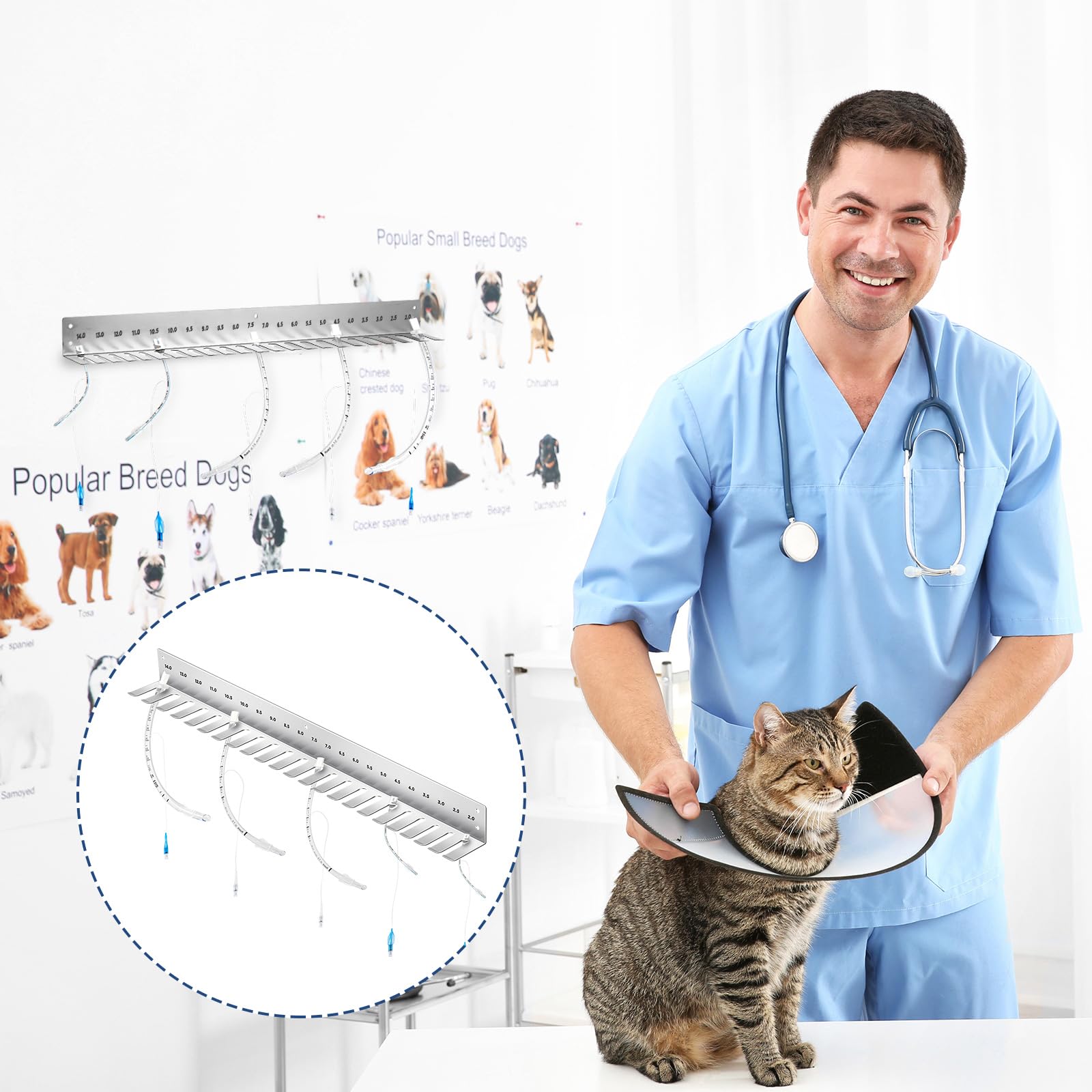 Zonon Support de tube endotrachéal en acier inoxydable 304 à suspendre au mur - Support de tube endotrachéal pour fournitures vétérinaires (74 cm, 5,1 à 35,6 cm)