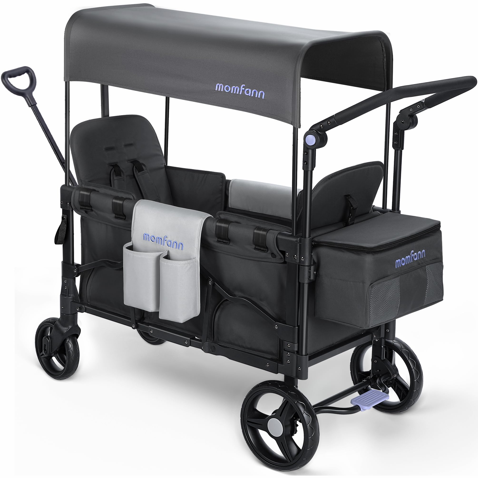 Foldable Wagon Stroller for 2 Kids, Double-Seater Baby Wagon with Canopy, Adjustable Handle and Pull Bar, Compact Design for Toddlers and Infants, for Outdoor Adventures (Space Grey)