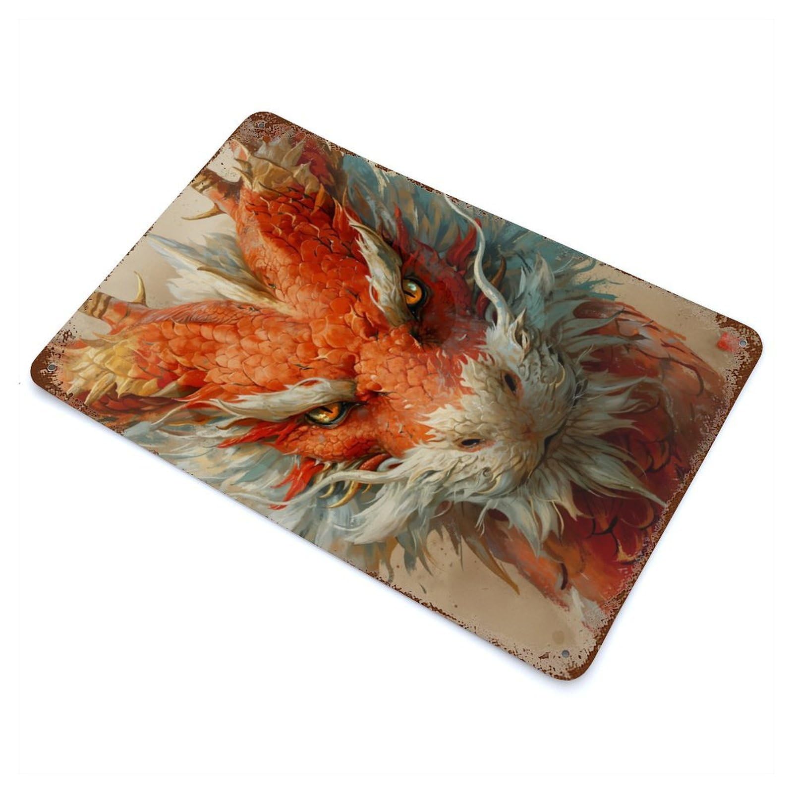Garage Style Chinese Lunar Dragon Rust Effect Tin Sign 11.8"x7.9", Industrial Home Decor for Bar And Workshop