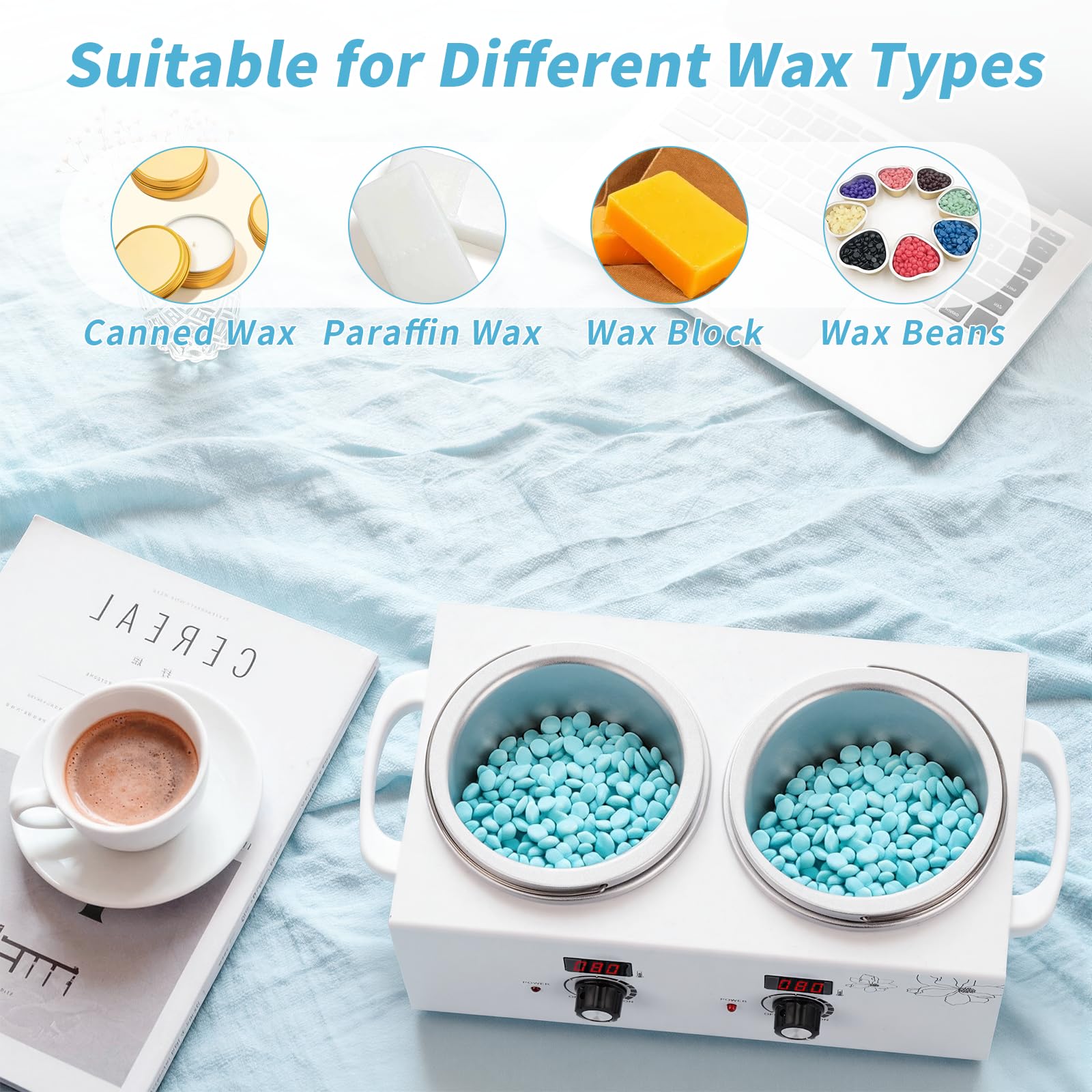 Double chauffe cire, iklestar kit professionnel appareil a cire chaude épilation, chauffe-cire électrique avec bâtonnets et bols en silicone pour utilisation à domicile, en spa ou en salon