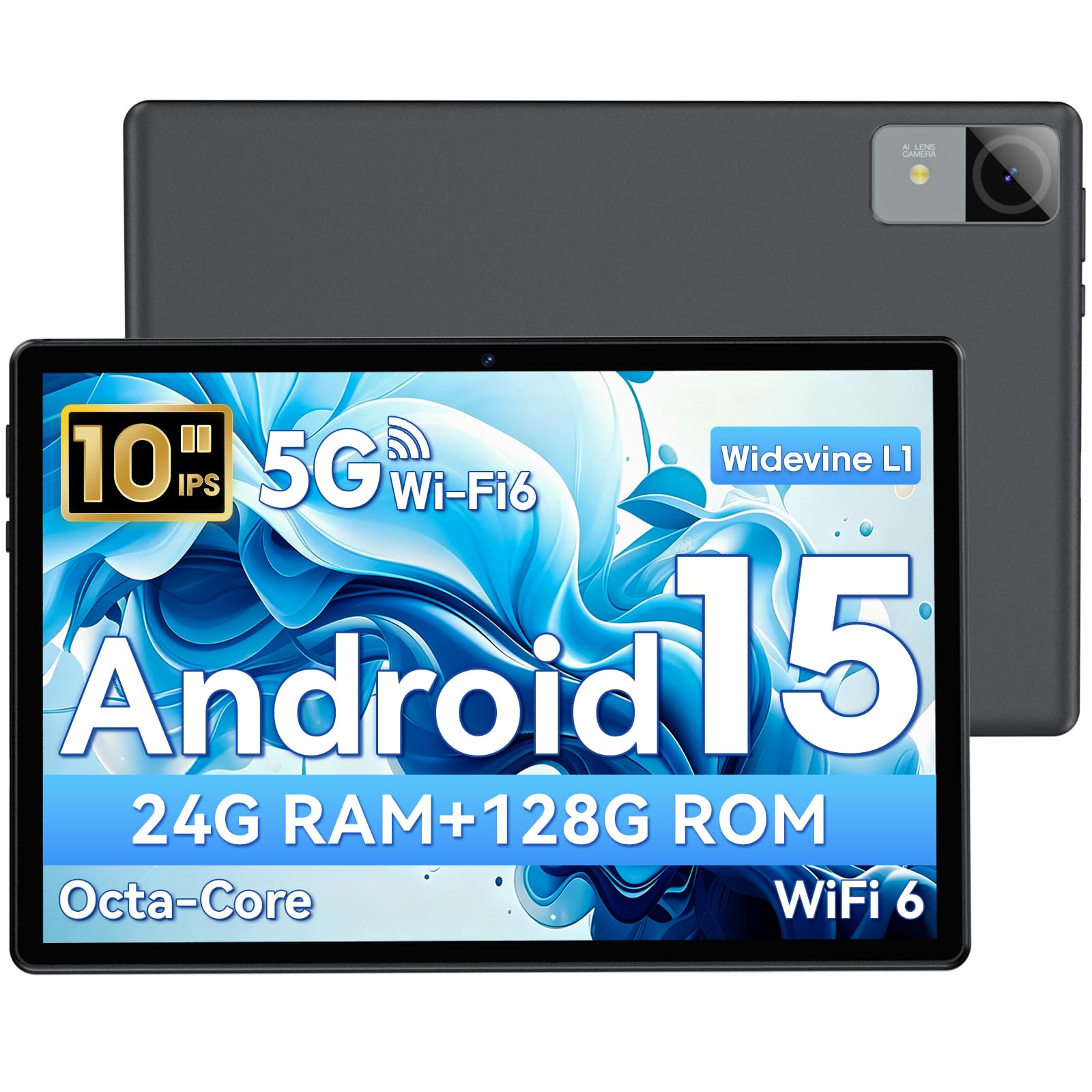Tablet 10 Pulgadas, Tableta Android 15, Unisoc T30 Quad-Core, 18 GB RAM + 128 GB ROM + 1 TB TF, Pantalla HD IPS 1280×800, Cámara Dual 5MP + 8MP, 6000 mAh, WiFi 6, BT 5.0, Widevine L1, GPS (Z90)