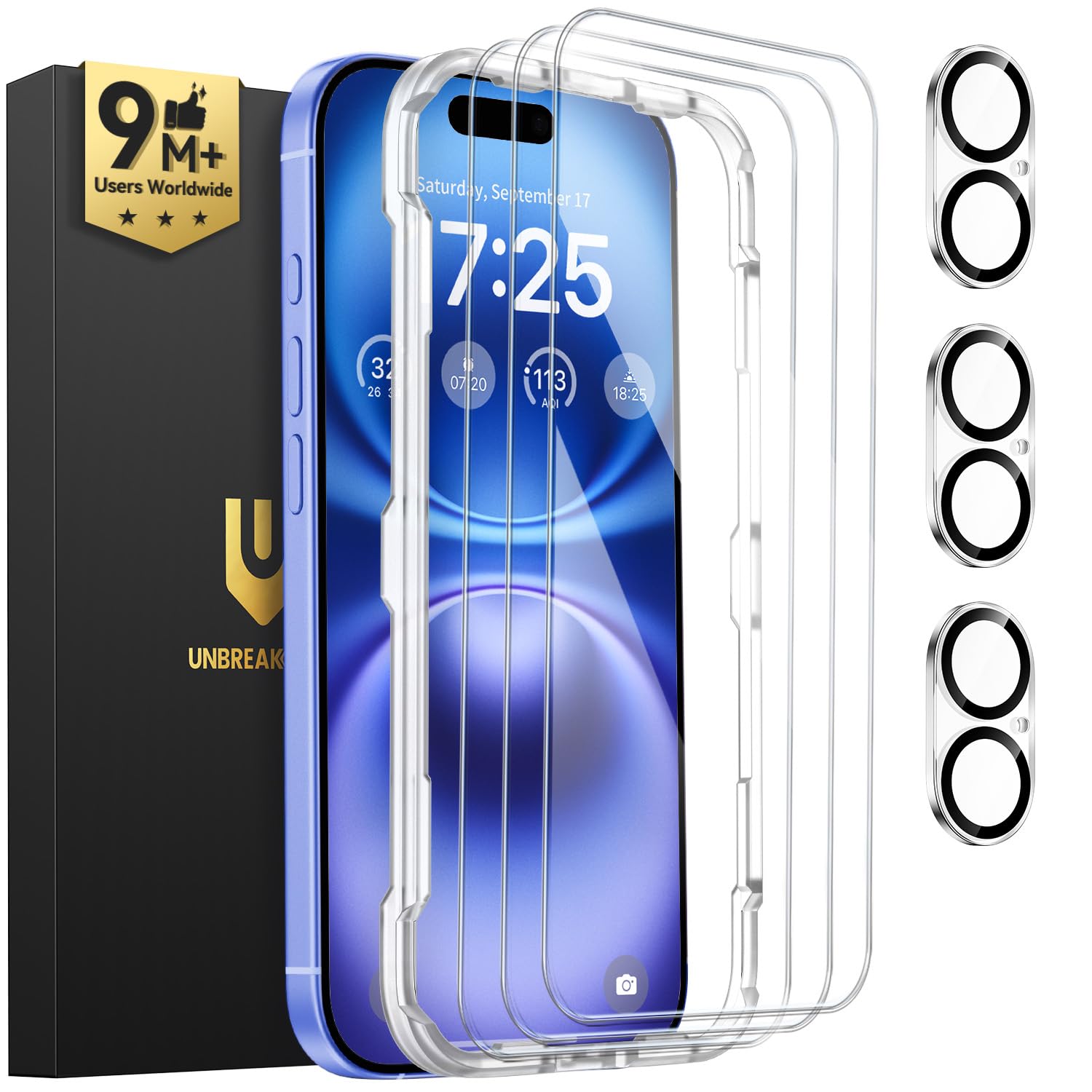 UNBREAKcable iPhone 16 Screen Protector 3-Pack, Upgraded Dual-Tempered Glass + 3 Camera Lens Protectors, Military-Grade 9H Hardness, HD Clarity, Anti-Fingerprint, Case Friendly, 6.1 Inch