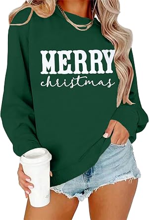 Christmas Sweatshirts for Women Merry and Bright Sweatshirt Merry Christmas Letter Print Shirt Holiday Crewneck Pullover Tops