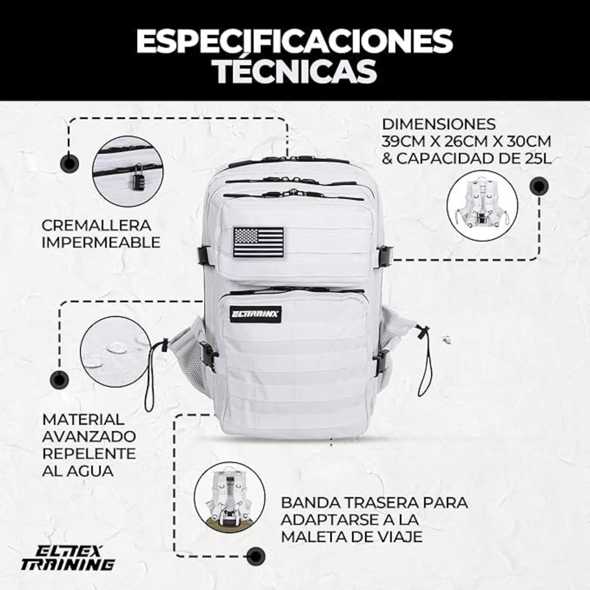 Mochila Táctica 25L Repelente al Agua – Oxford 1000D, Cabina Avión y Viaje, Gimnasio y CrossTraining, Compartimento Portátil 15” (Blanco) by ELITEX TRAINING