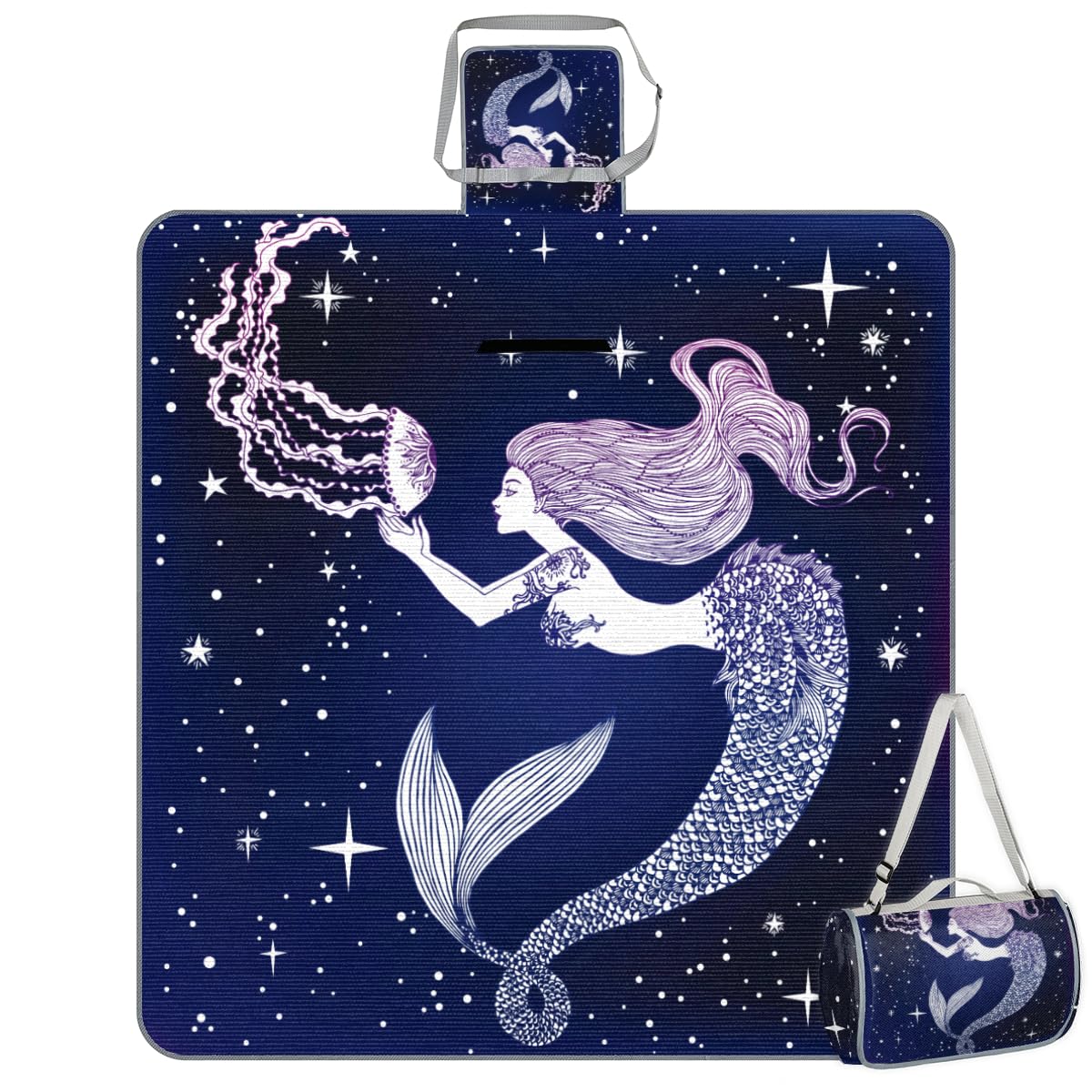 Shimoshe Picnic Blankets 57”x 59”, Galactic Mermaid Waterproof Sandproof Picnic Mat Lightweight Foldable Beach Blanket for Camping Park Grass Beach Outdoor Blanket
