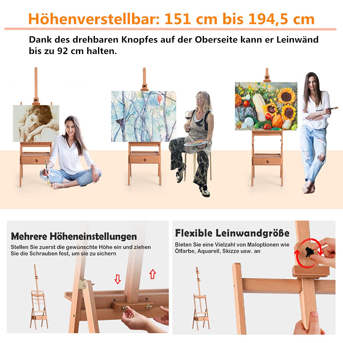 RELAX4LIFE Caballete de Madera de Haya con Cajón y Bandeja, Caballete para Pintar con Altura Regulable 151-195CM, Caballete de Pie para Lienzos de hasta 92CM, Natural