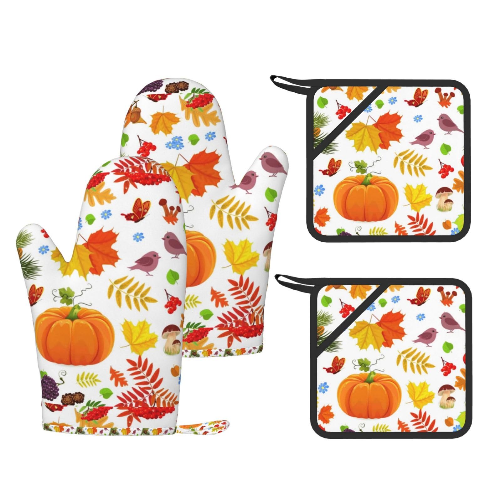Set di quattro guanti resistenti al calore e presine, guanti da forno antiscivolo, guanti da cucina, zucche autunnali, foglie d'acero per il Ringraziamento.