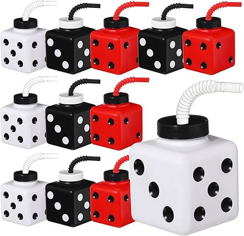 Miniatura 1 de Yaomiao 12 piezas de suministros de regalo de fiesta de casino con pajitas y tapas, 10 onzas de plástico en forma de dados de casino para decoración