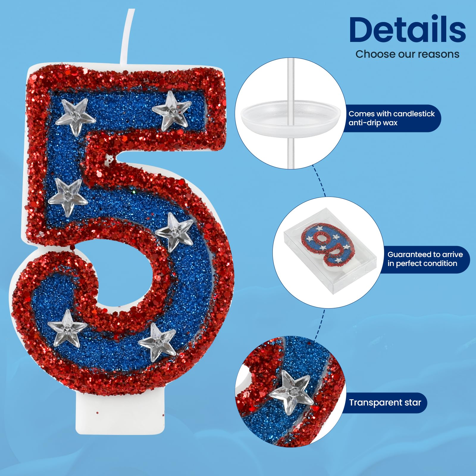 Bougies d'anniversaire en forme de chiffre 5 à paillettes rouges et bleues - Motif drapeau américain - Parfait pour le jour de l'indépendance et les fournitures de fête Captain America (numéro 5)