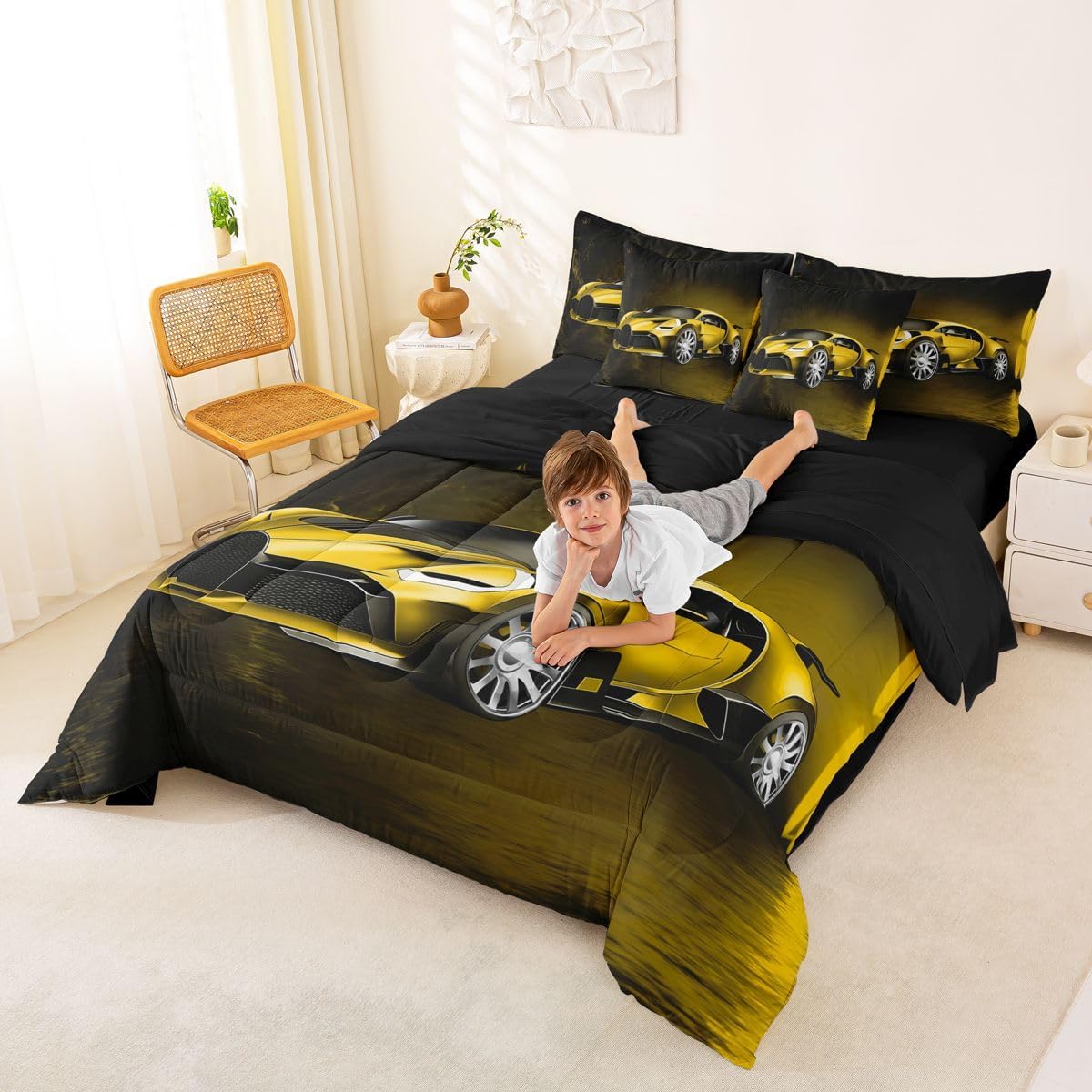 Feelyou Sports Car 7 Piece Bedding Set Yellow Race Car Comforter Set with Sheets for Kids Boys Girls Extreme Sports Bed in a Bag Cool Speed Luxury Car Decor Quilt with 1 Pillowcase Twin