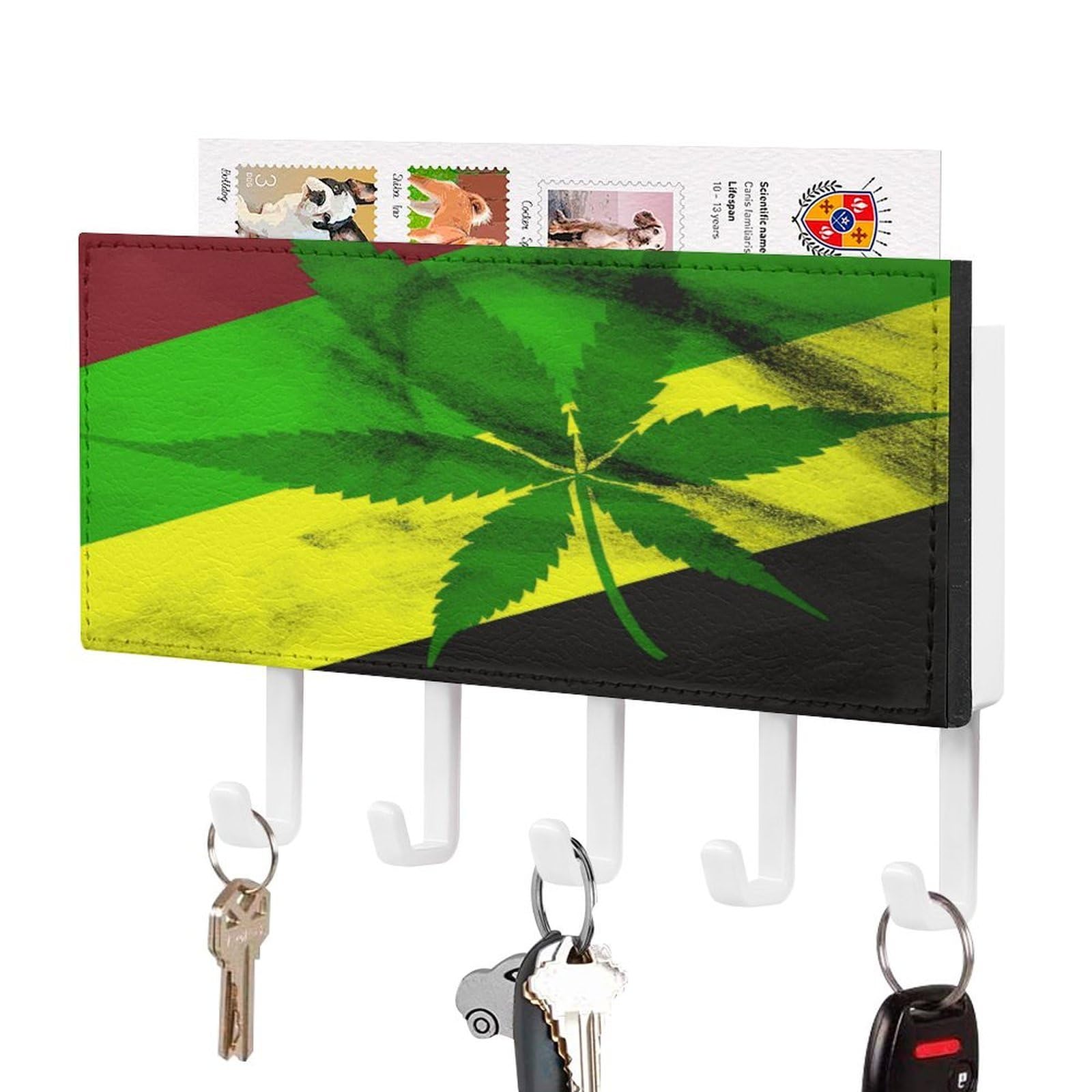 Fekiloot White-Style Jamaica Flag Leaves Key Holder Wall Mount Key And Mail Holder Key Hanger With 5 Hooks Decorative Pu Key Rack Hanging Key Hooks For Wall Living Room Kitchen Bathroom Hallway