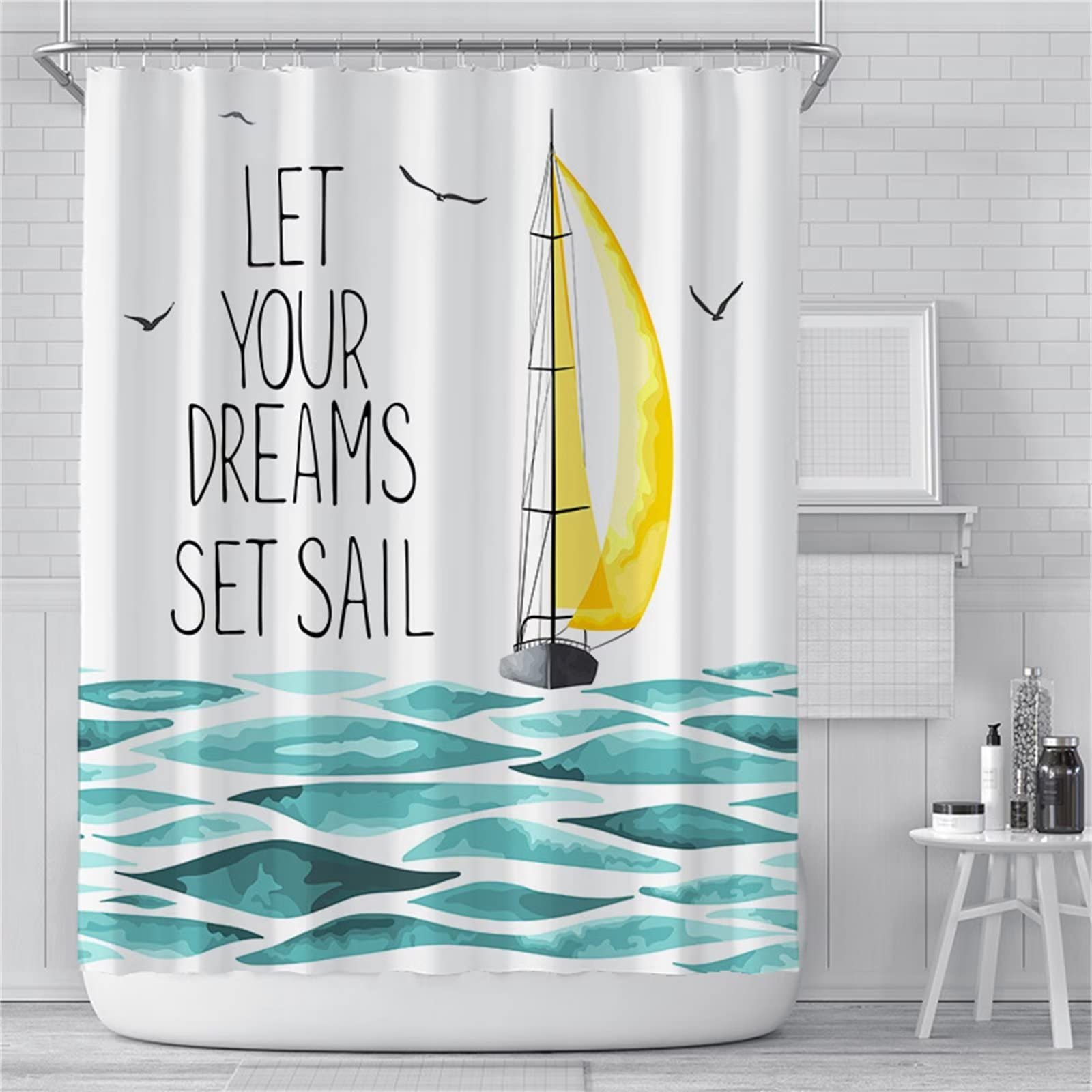 Barca a vela Tenda Doccia W180cm x L210cm Tenda per Doccia Antimuffa, Tenda da Esterno Impermeabile Tessuto, 3D Tenda con Ganci per Dormitorio Famiglia Appartamento Hotel Doccia ​Bagno Decor