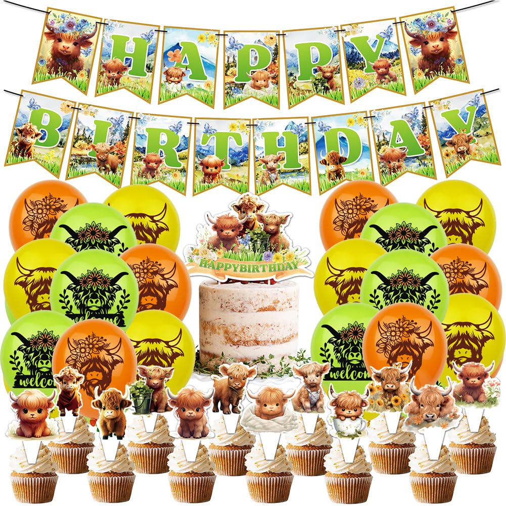 LabDip Highland Cow Birthday Decorations 32PCS Highland Cattle Party Supplies Includes Highland Cow Happy Birthday Banner Cake Topper Cupcake Topper Balloons for Party Farm Animal Birthday Party