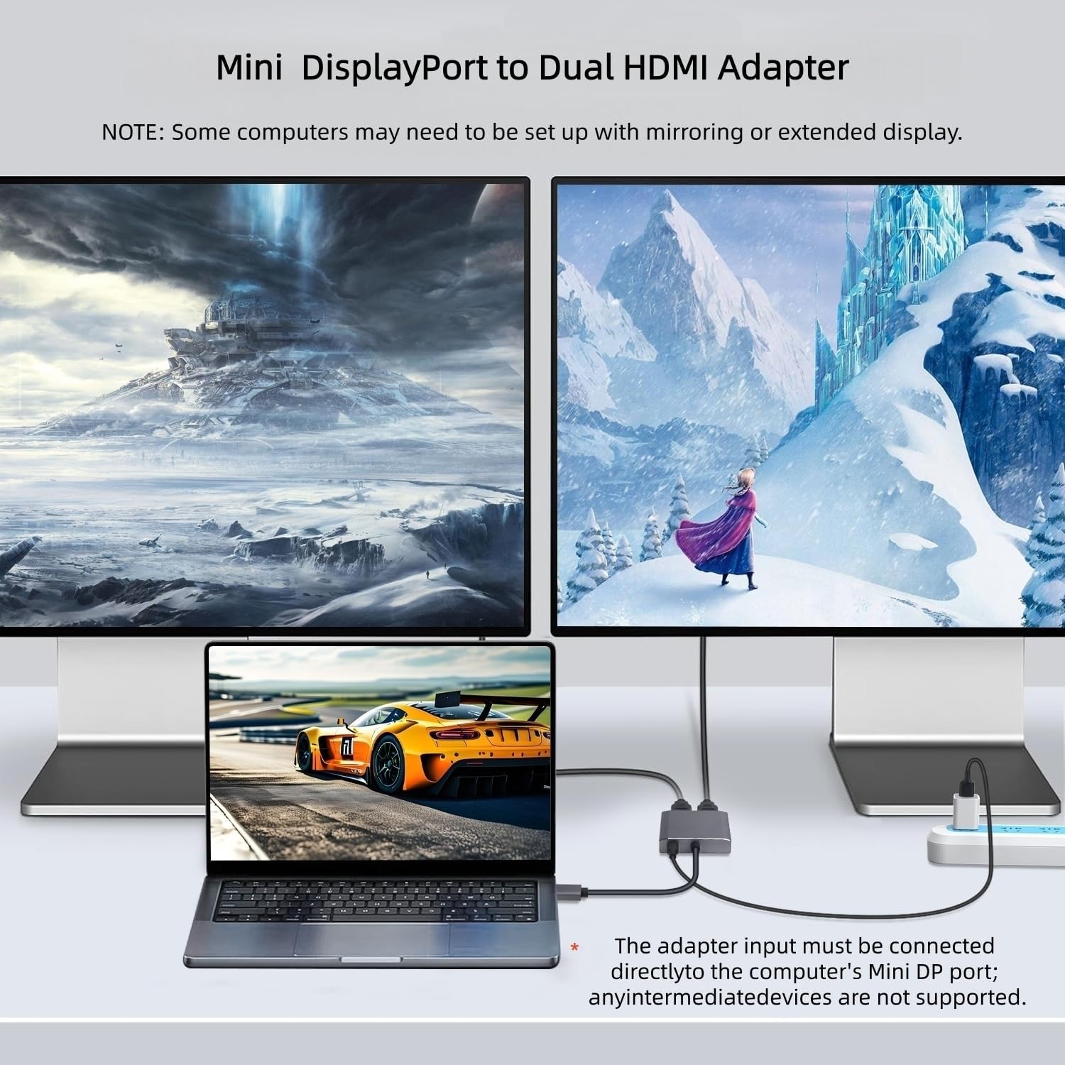 Mini DisplayPort to Dual HDMI Adapter,4K@60Hz Mini DP Source to HDMI Splitter Extended Display Adapter for Dual Monitors,Display Port Converter for NVIDIA, AMD Graphics Card Support MST & SST Mode